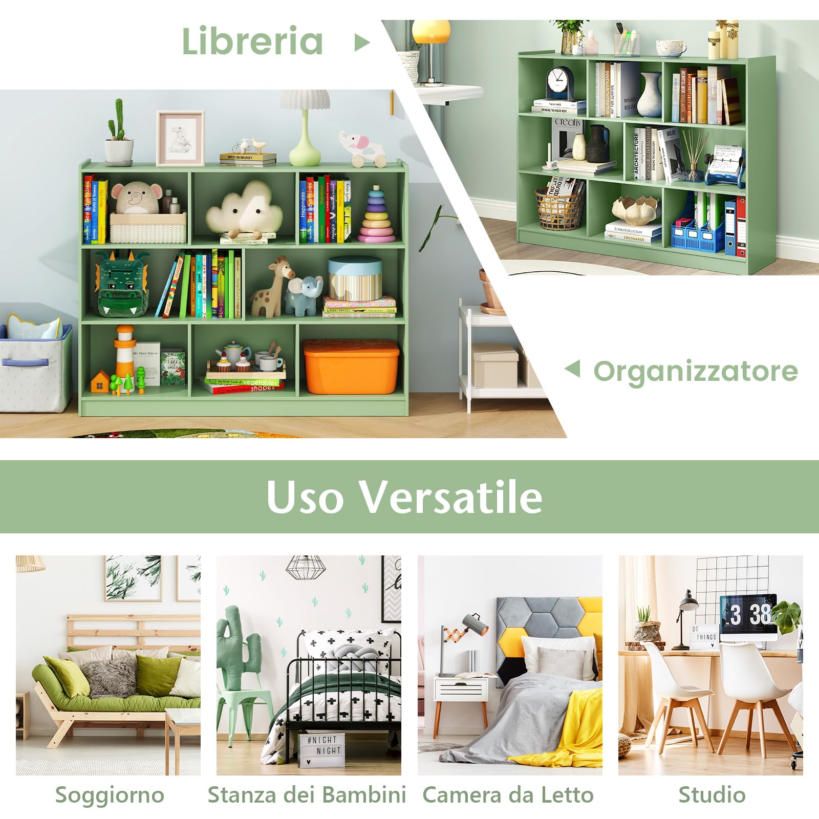 COSTWAY Libreria Scaffale da Terra con 8 Cubi, Libreria Multifunzione in Legno con Anti-ribaltamento, Salvaspazio per Cameretta, Soggiorno e Studio, Portata 220 kg, 122 x 32 x 93 cm (Verde)