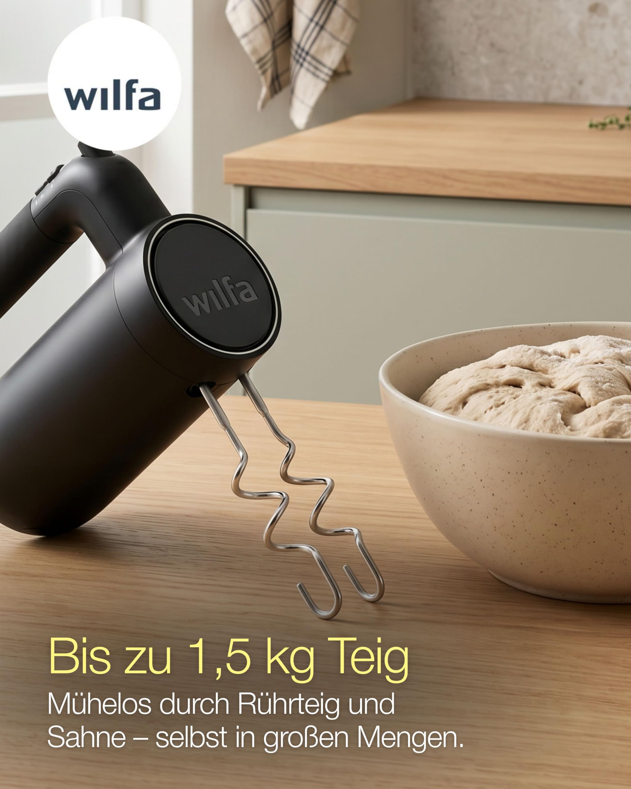Wilfa Smooth Mix Handmixer 500 W I 5 Geschwindigkeiten & Boost-Funktion I Sanftanlauf gegen Spritzer I Inkl. Schneebesen & Knethaken I Für Sahne, Teige & Eischnee I Design Award Gewinner