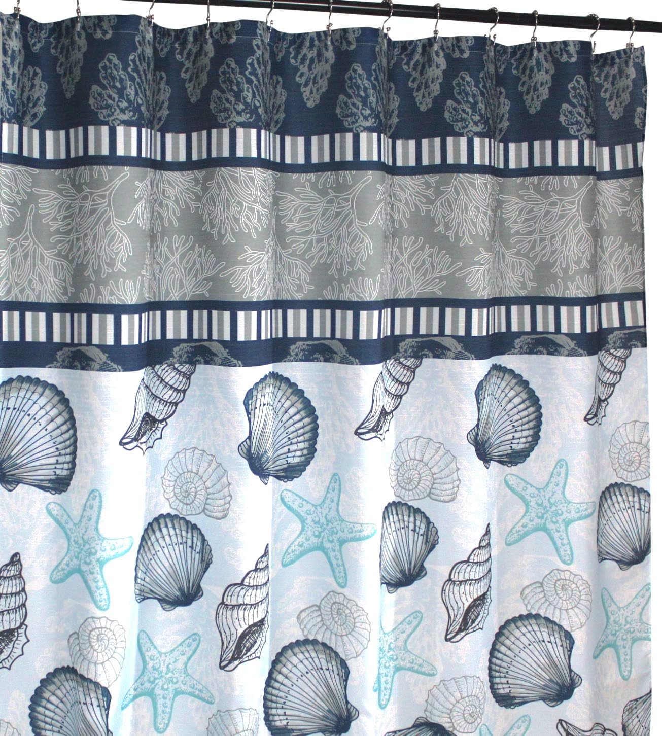 Serafina Home Aqua Grey White Fabric Shower Curtain for Bathroom: Tropical Coastal Nautical Shells Design with White Shower Curtain Liner and 12 Rollerball Hooks, 14 Pc Set