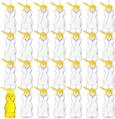 Thenshop Paquete de 32 botellas de oso de miel con pajitas, vasos de plástico vacíos, recipientes de miel en forma de oso, botellas para