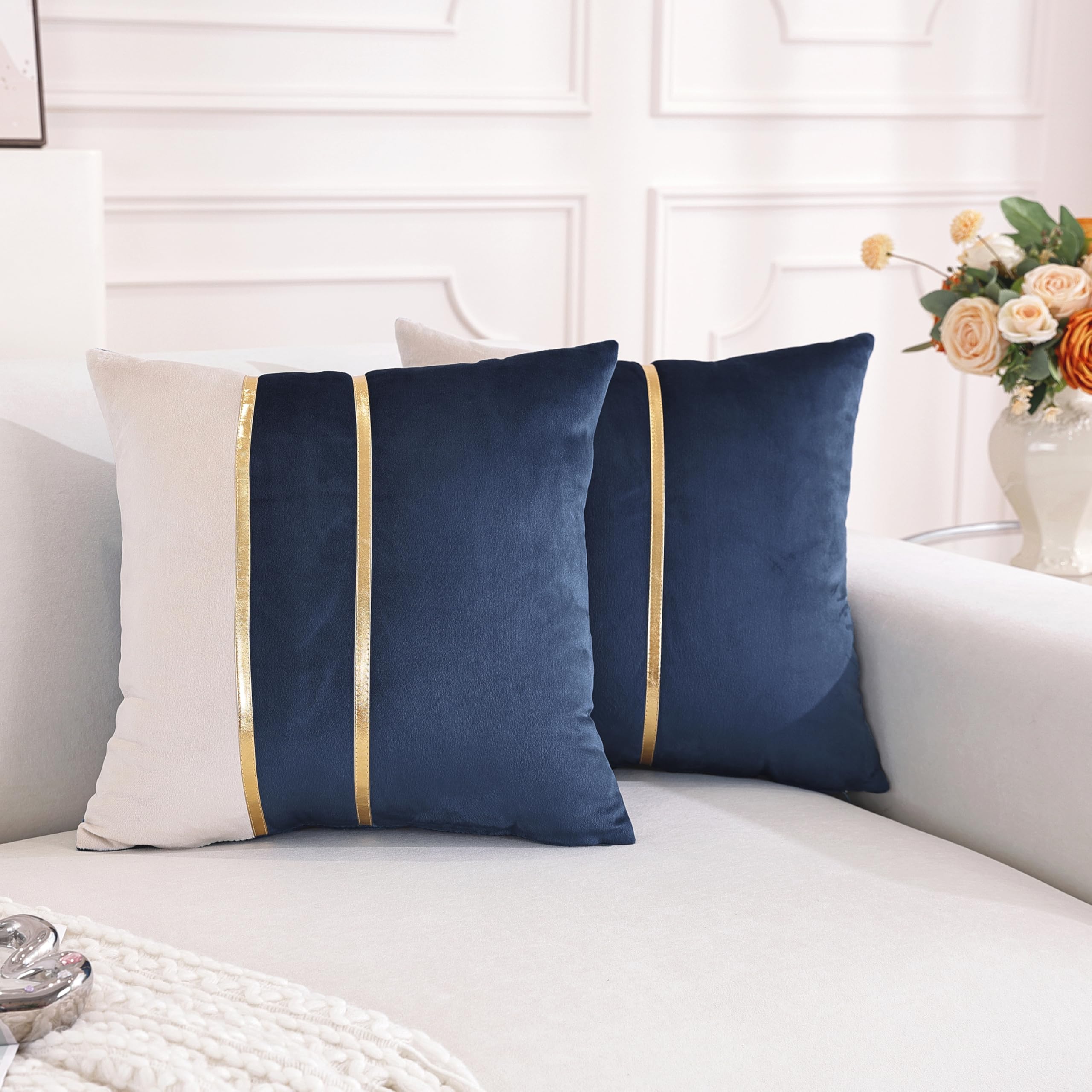 TAOSON Velvet Throw Pillow Covers,Pack of 2 Soft Decorative Cushion Covers Cases Navy Blue Beige Patchwork with Gold Leather for Sofa Bedroom Livingroom Car 18 x 18 Inch