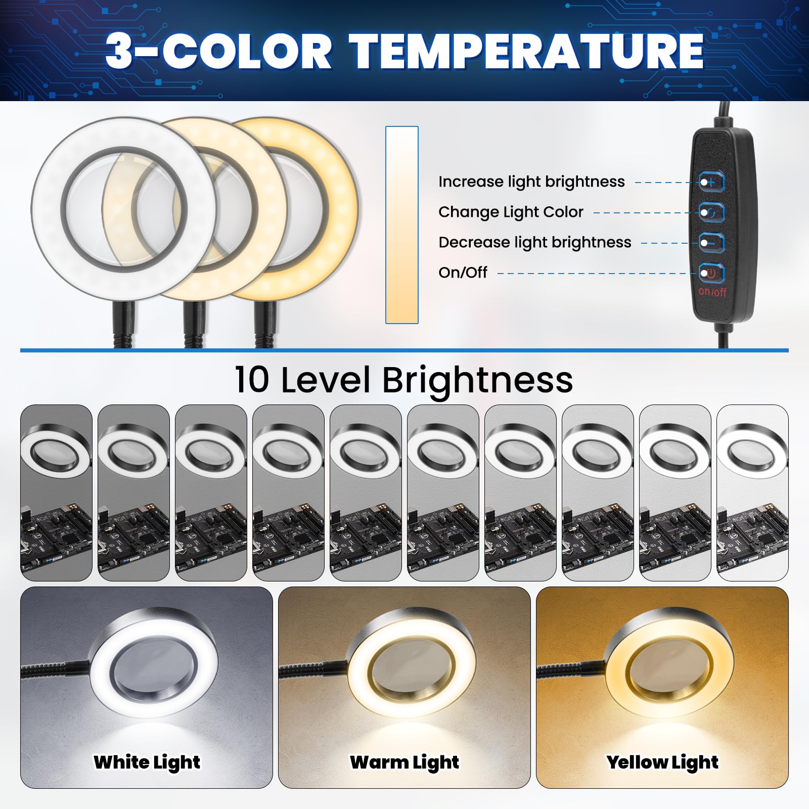 ELMCONFIG - Stazione di saldatura Helping Hands con lente d'ingrandimento 5X e luce, supporto per circuiti stampati in metallo con 4 bracci flessibili in metallo per saldatura, montaggio, riparazione