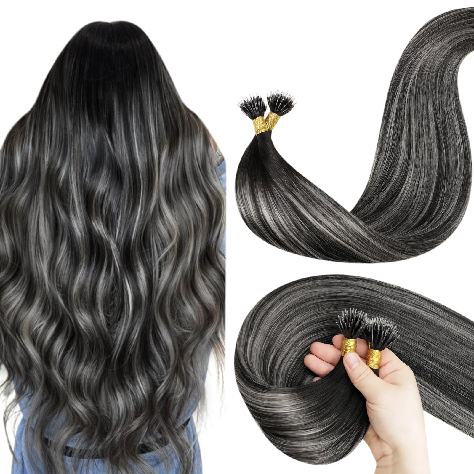 LaaVoo Nano Hair Extensions Real Human Hair Black Nano Beads Hair Extensions 16 Inch Balayage Natural Black to Silver Invisible Nano Ring Straight Remy Hair 50g 50s #1b/s/1b
