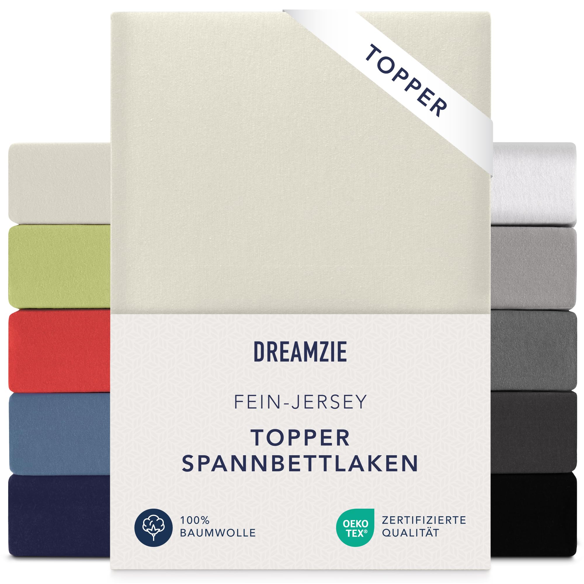 Dreamzie Premium Topper Spannbettlaken 180x200 cm - 200x200 cm - extra niedriger Seitenhöhe - für Topper - Topperauflage - Spannbetttuch Jersey Baumwolle, 150 g/m² - Oeko-TEX - Beige