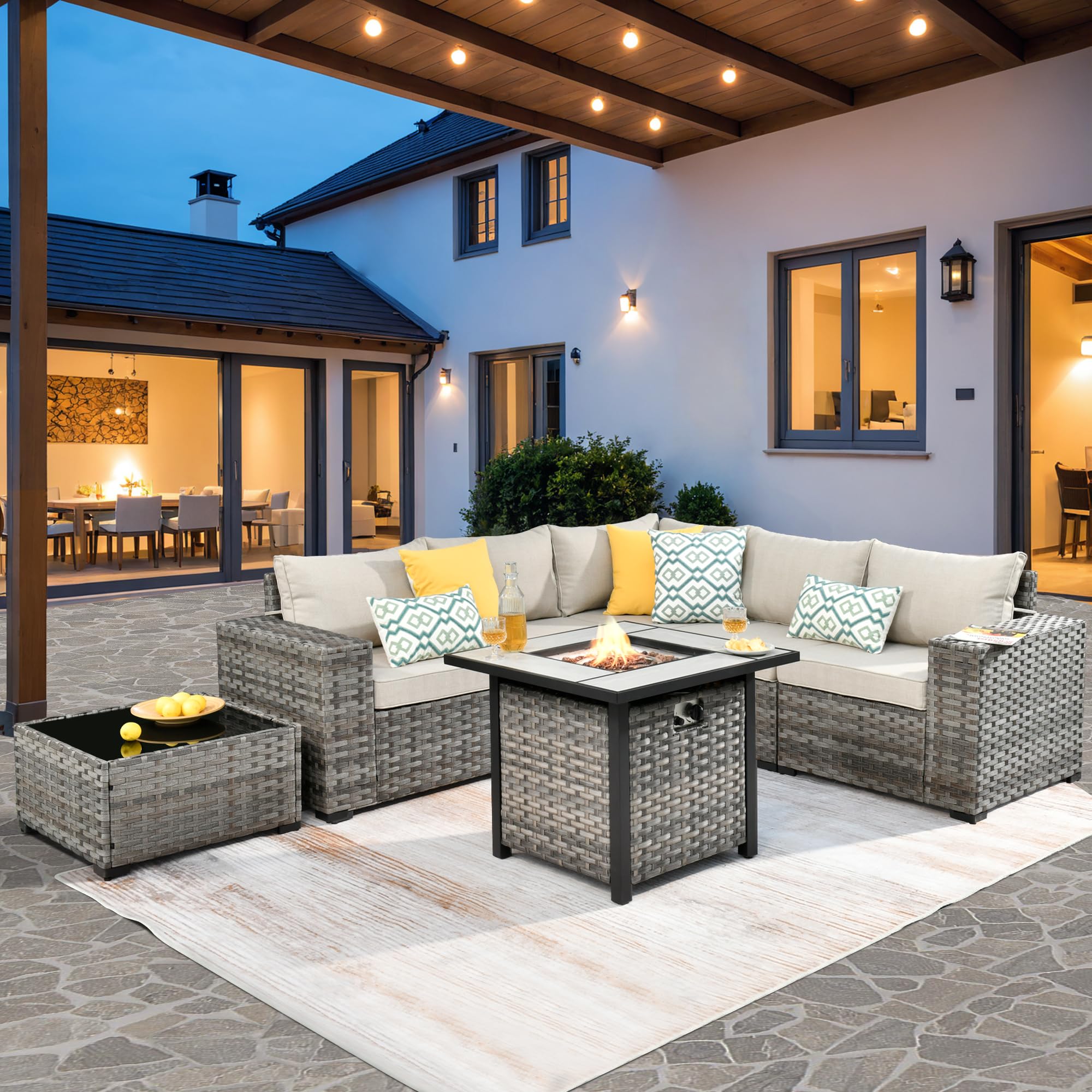 ovios 7 Pieces Patio Furniture Set, Outdoor Wicker Sectional Sofa with 30 inch Fire Pit Table Comfy Cushions, Modern Modular Deep Seat Rattan Couch Conversation Set, Beige