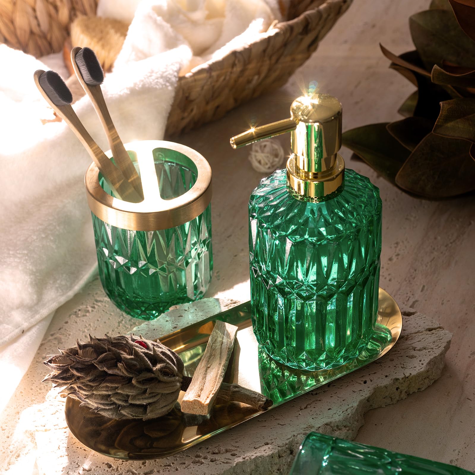 EMPO Distributeur de savon en verre transparent avec pompe en plastique ABS, distributeurs de lotion pour évier de cuisine, salle de bain (jade vintage)