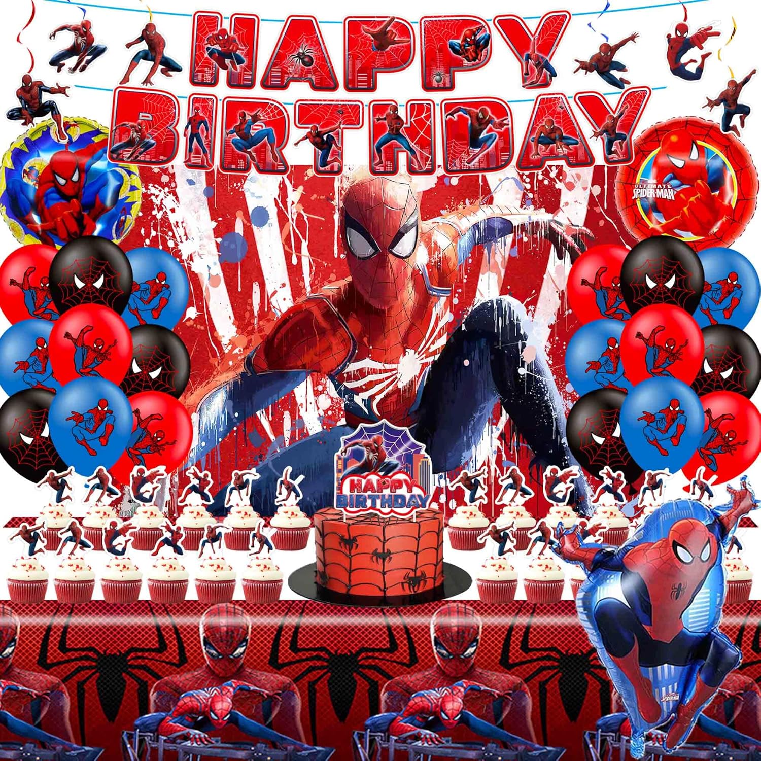 Cartoon Birthday Decorations Party Supplies Set Include Happy Birthday Banner, Latex Balloons, Backdrop, Tablecloth, Hanging Swirls, Cupcake Toppers for Teen