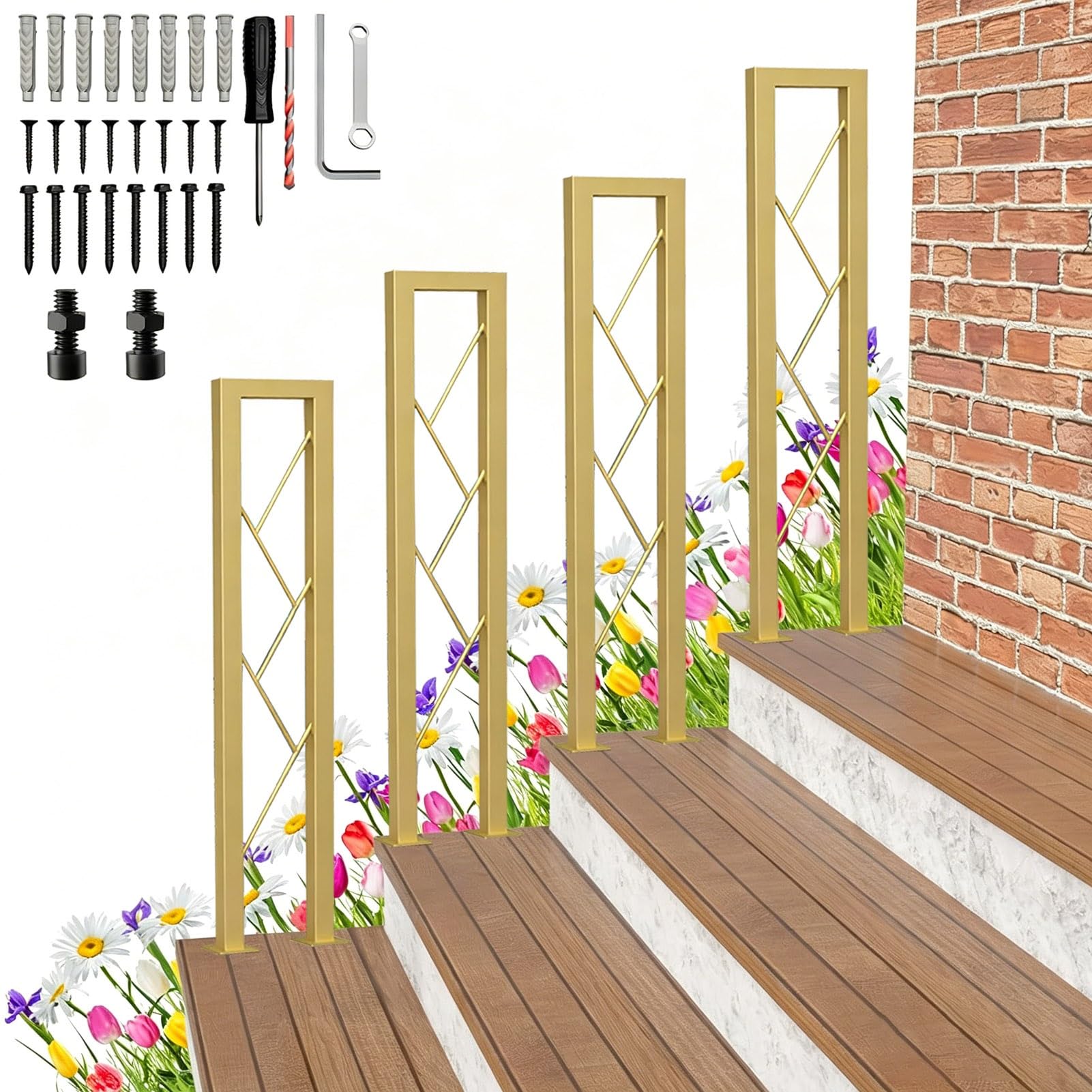 Gaommini Gold Black Garden Handrail Picket For Fits 1 Steps, Outdoor Stair Railing - Industrial Wrought Iron Porch Deck Railing U-Shaped Banister Handrail 35~100Cm(,85Cm/33In)