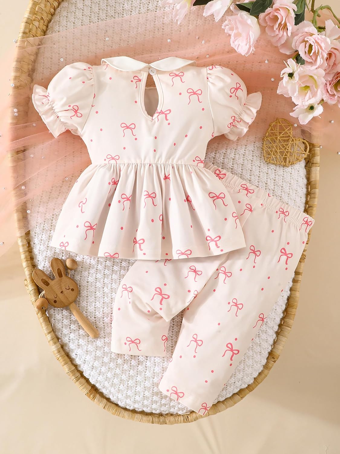 Baby Girl Outfit Peter Pan Collar Puff Sleeve Bow Knot Cute Top and Pant Set Infant Clothes