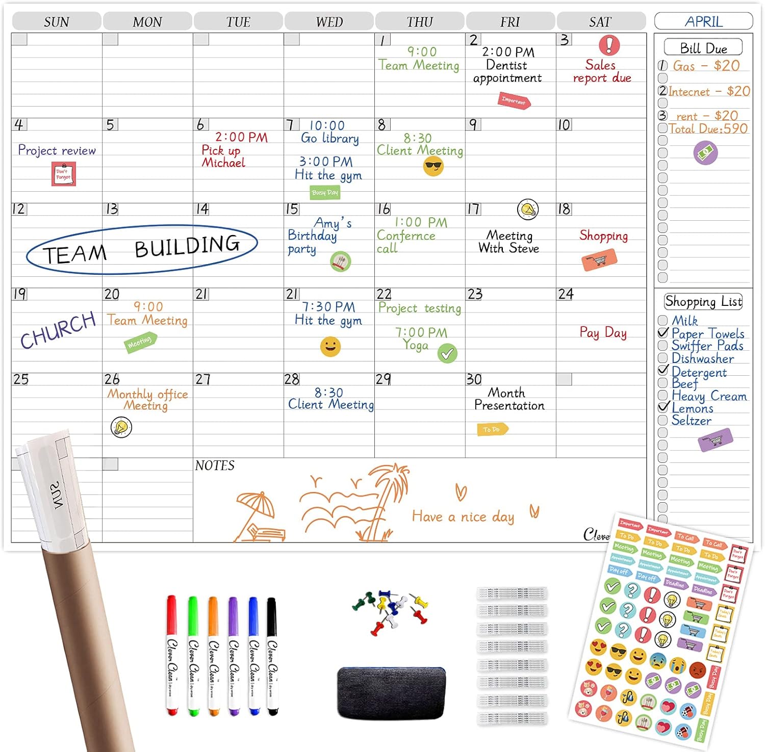 Large Dry Erase Wall Calendar 26"x 38" Undated Monthly