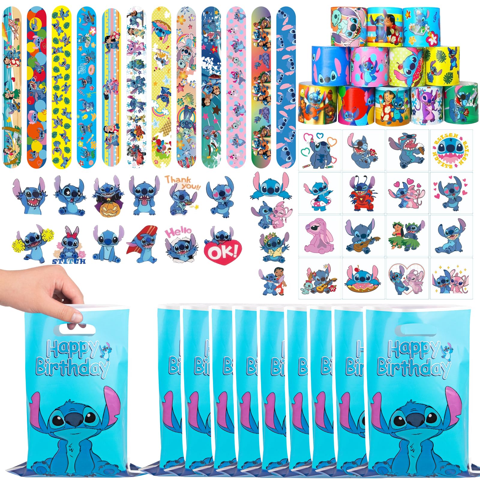 SupaWeiss 54pcs Stichs Party Bag Fillers,Kids' Party Favours,Kids Party Bag Fillers with 12 Slap Bands,10 Stichs Party Bags,20 Tattoo Stickers,12 Brooches,Goody Bag Fillers for Kids Boys Girls
