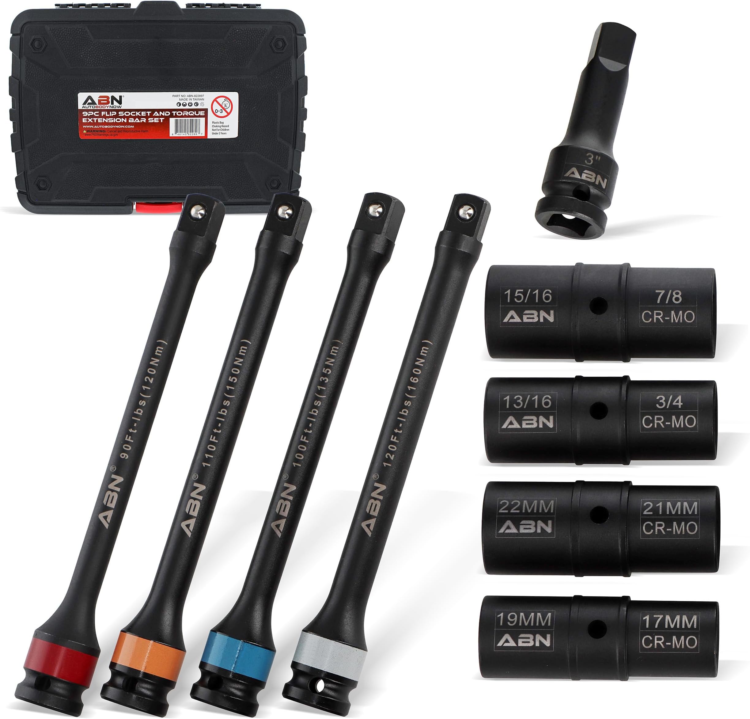 1/2in Drive Impact Socket Set Metric 17-22mm SAE 3/4-15/16in 9pc Lug Nut Torque Stick Extension Limiter 90-120 ft/lb