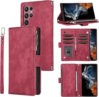 FunnyWin Samsung S23 Wallet case, Samsung S23 Flip Leather Credit Card Slots Zipper Pocket [Magnetic Closure] [Wrist Strap] [Stand] RFID Blocking Wallet Cards Holder for Man Woman Gift (Red)