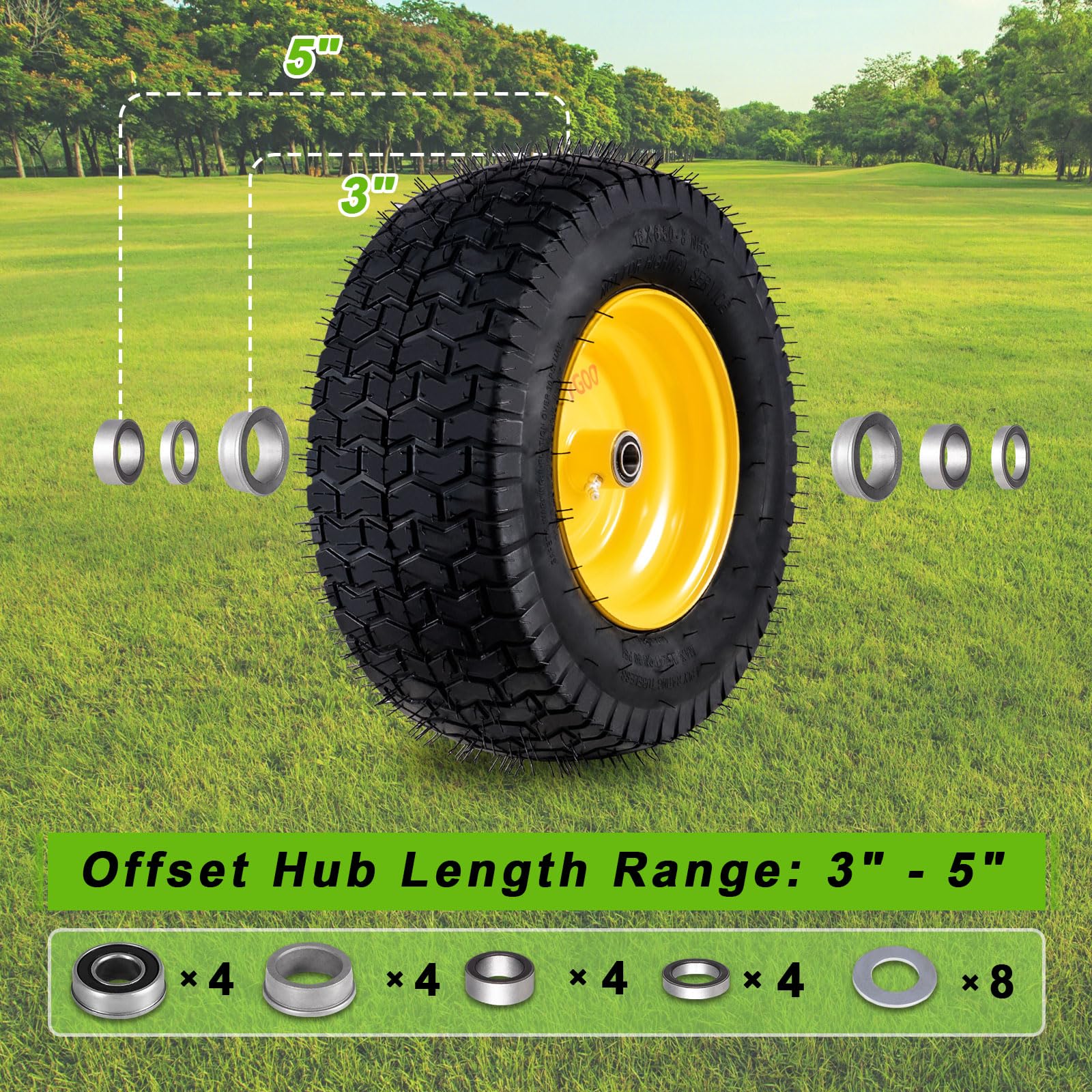 Neumático y rueda sin cámara de 16 x 6.5-8, 2 piezas de repuesto para cortacésped, tractor de jardín, neumático de rueda delantera con cubo de desplazamiento de 3 pulgadas, rodamiento de 3/4