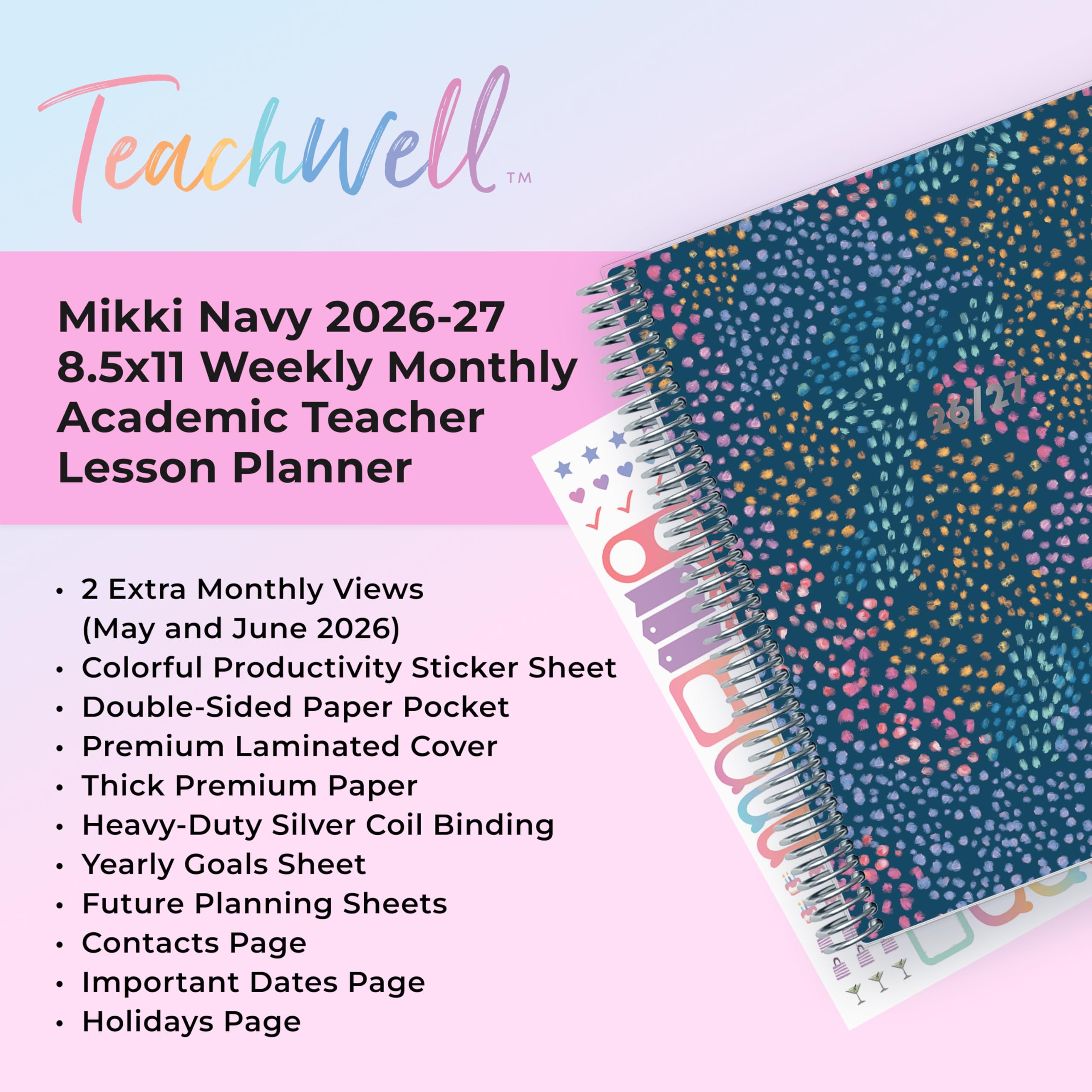 Blue Sky Teachwell Calendario settimanale e mensile 2026-2027, per insegnanti, anno accademico, luglio 2026-2027, 21,6 x 27,9 cm, copertina flessibile, rilegatura a spirale resistente, interno