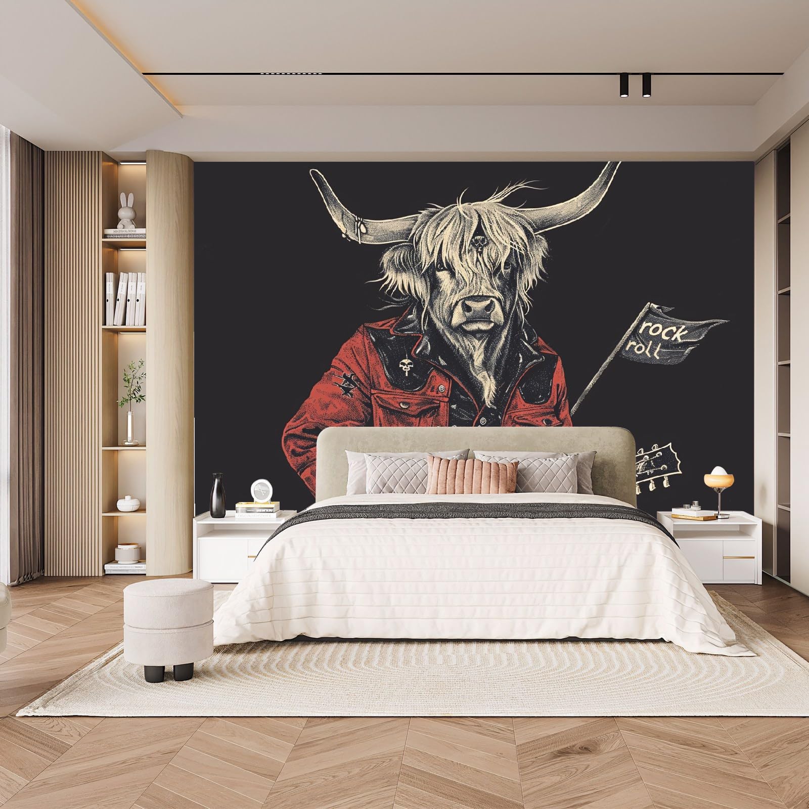 Fotomural Vaca Rock Música Guitarra Negro Fotomurales Decorativos Pared, Murales 3D Papel Pintado Pared Mate‌ Foto Mural Tejido no Tejido, Para Dormitorio Habitación infantil Salon 300x210 cm