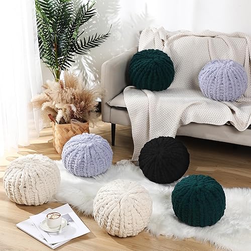 Miniatura 3 de Suzile 2 almohadas de punto grueso de 13.8 pulgadas, redondas, hechas a mano, acogedoras y suaves, almohadas de nudo, puf circular, puf, calabaza,