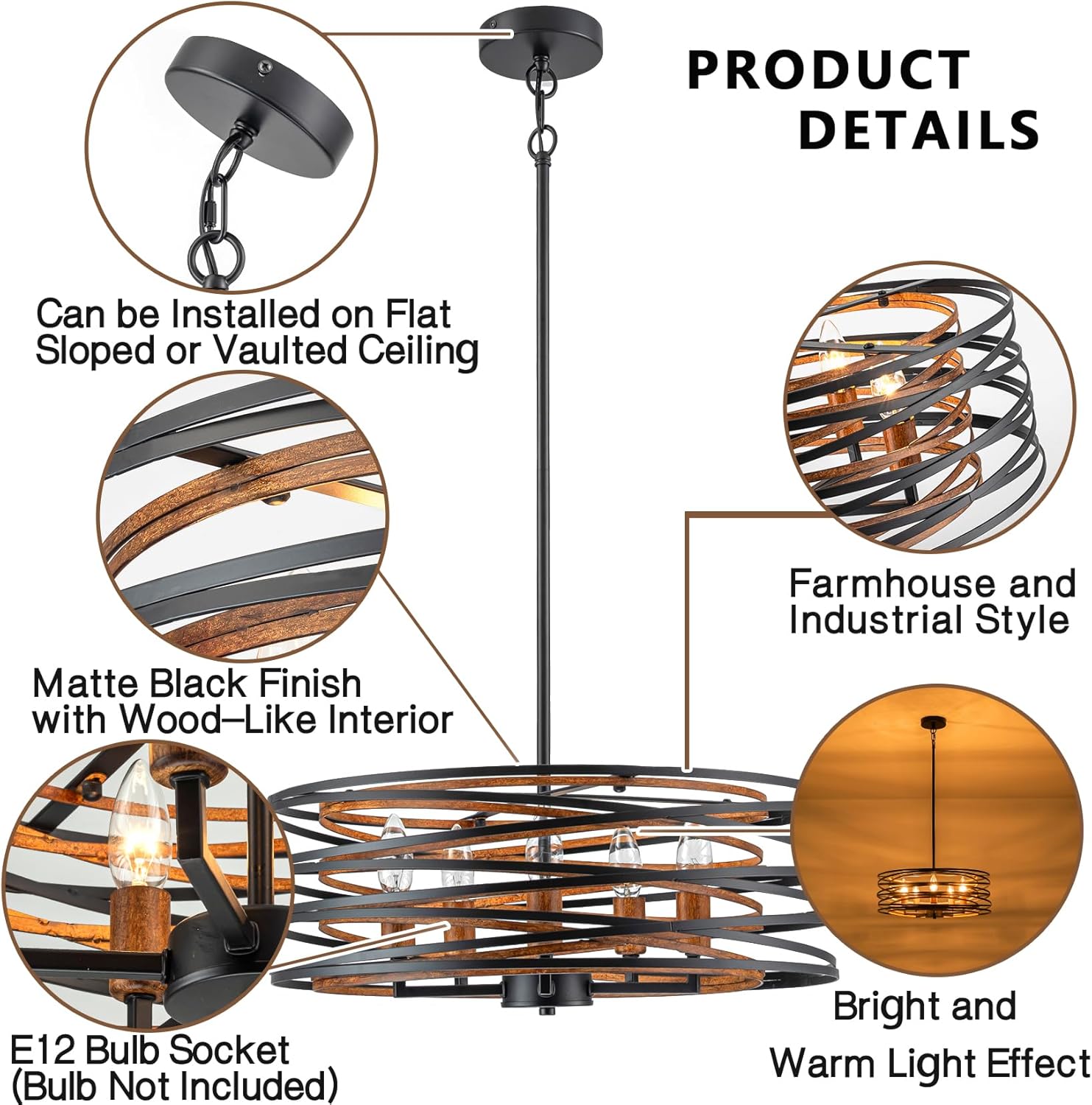 bargeni chandeliers,20 inch dining room light fixture,matte black dining room chandelier with wood-like interior,5-light farmhouse chandelier for kitchen island,living room,foyer,stairway wood texture interior 20inch