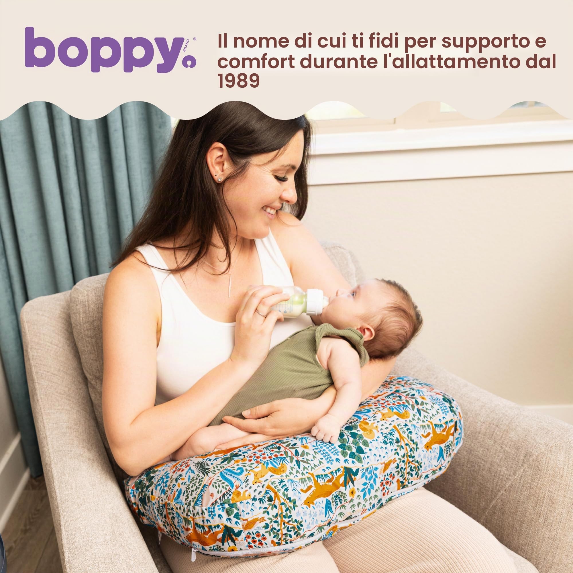 Boppy Cuscino per allattamento – Animali della foresta colorati – Cuscino più grande e di supporto per allattamento al seno e biberon – Riempimento più solido, sollevamento più alto, area più ampia
