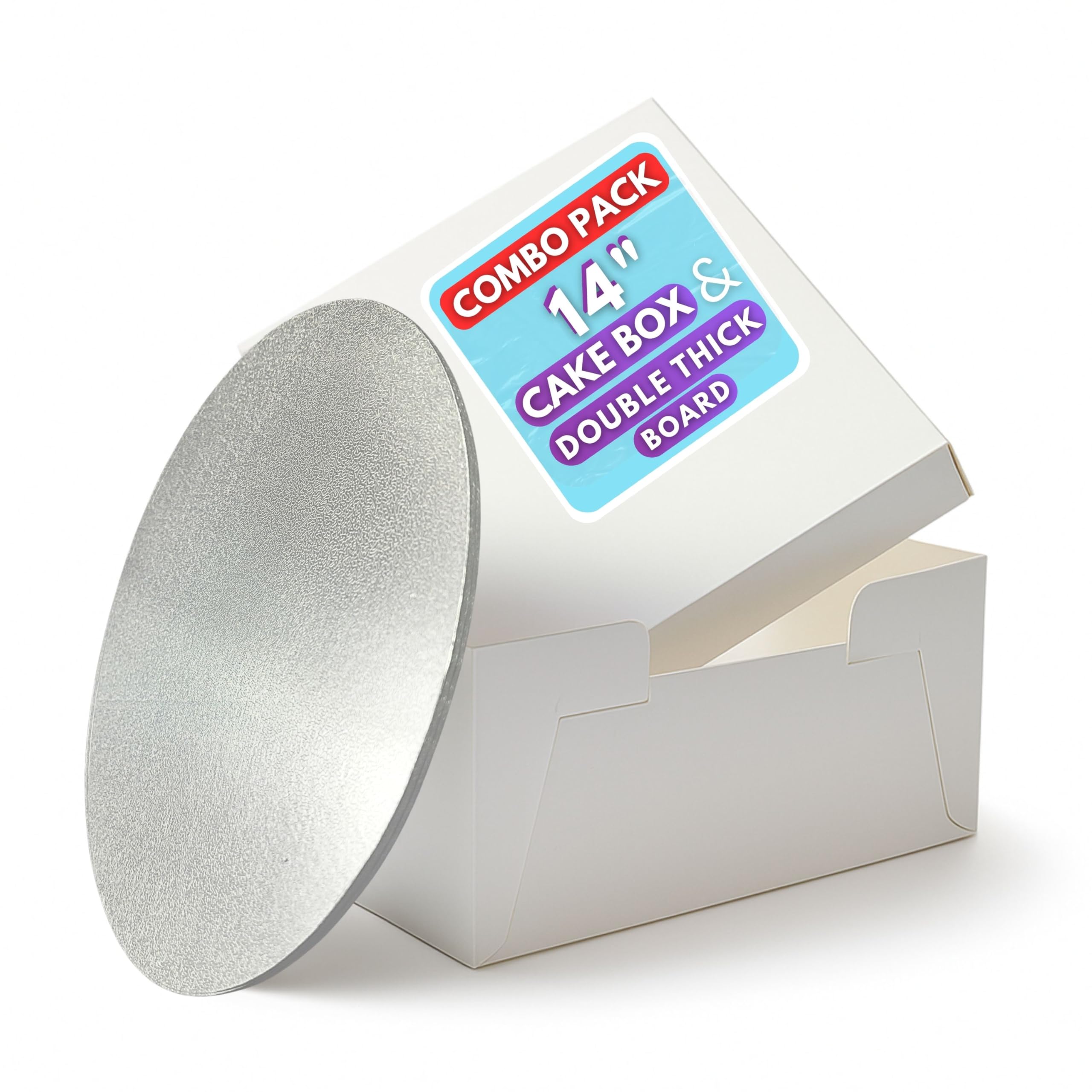 Pack N Trade 14 Inch White Cake Box & 14″ Silver Foil Round Cake Board Combo – 3mm Double Thick MDF Board, Reusable & Sturdy Cake Base, Ideal for Safely Carrying and Transporting Cakes