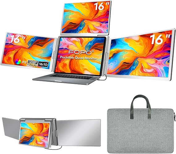 16 Laptop Screen Extender Monitor Portable, Quad Monitor, Just 1 Cable for 3 Screens, FHD 1200P IPS Laptop Extender Compatible with Wins/Mac for 13.6 - 18.5 Laptops