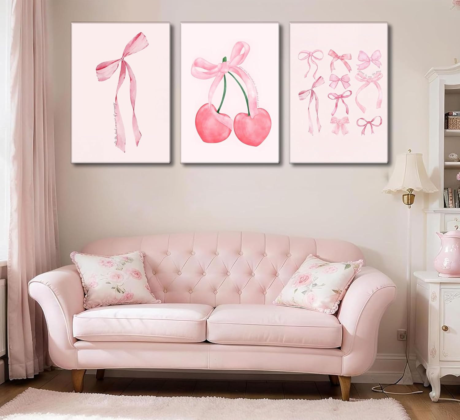 3Pcs Trendy Pink Bow Canvas Wall Art Vintage Cute Preppy Watercolor Cherry Bow Painting Pictures Wall Decor Posters Prints Girly Aesthetic for College Apartment Bedroom Decoration
