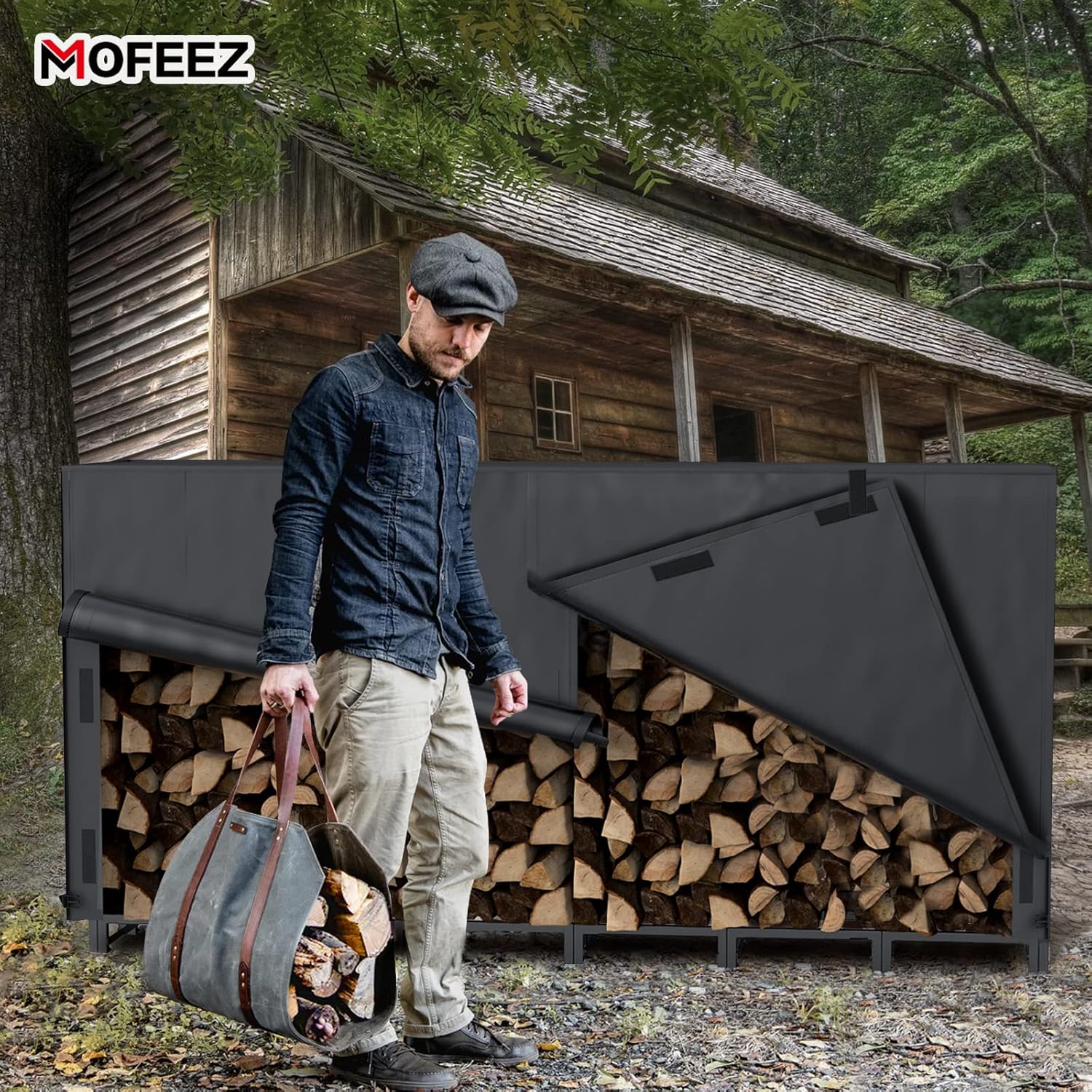 MOFEEZ 8ft Firewood Log Rack Cover Outdoor, Waterproof Weather Resistant Solid 600D Oxford PVC Coating Fabric (Black, 96" L x 24" W x 42" H)