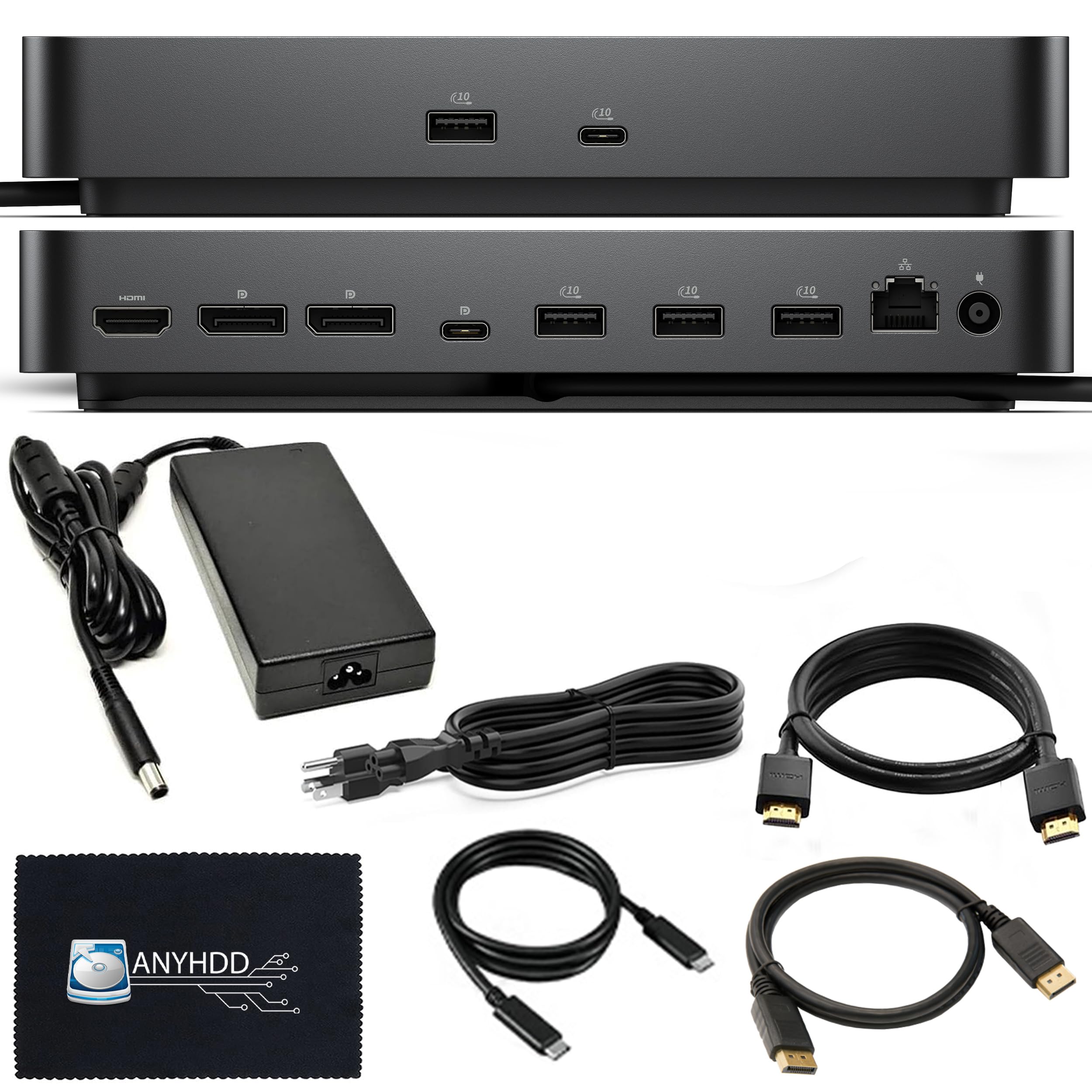 Dell SD25 Dock Bundle - 10Gbps, 3 Year Warranty with 180W Adapter + HDMI + DisplayPort Cable + C to C Cable + Cloth - Dell Docking Station, Supports Dual/Triple Monitors & 4K Displays