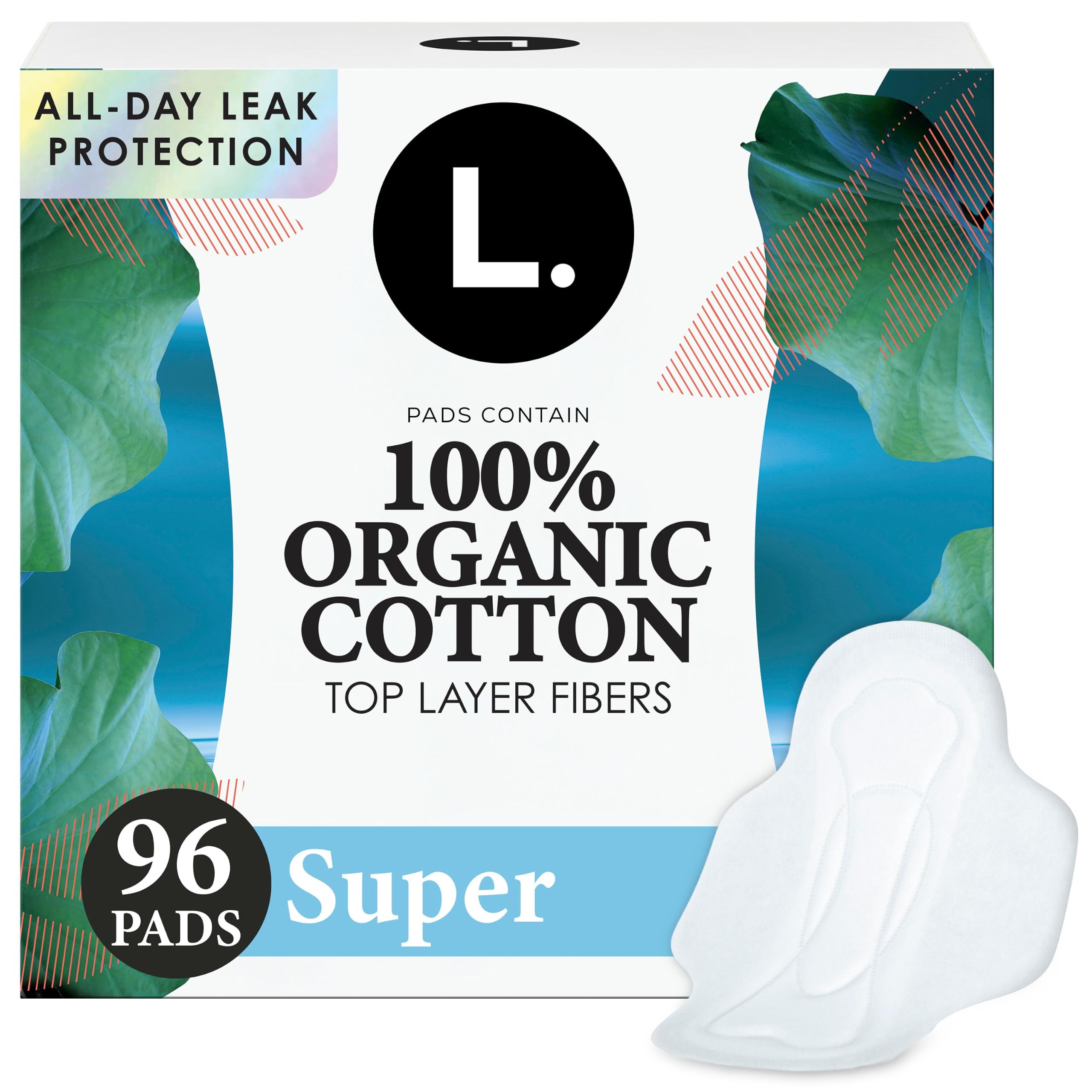 L. Ultra Thin Pads for Women, Super Absorbency, Organic Cotton Top Layer, 96 Count