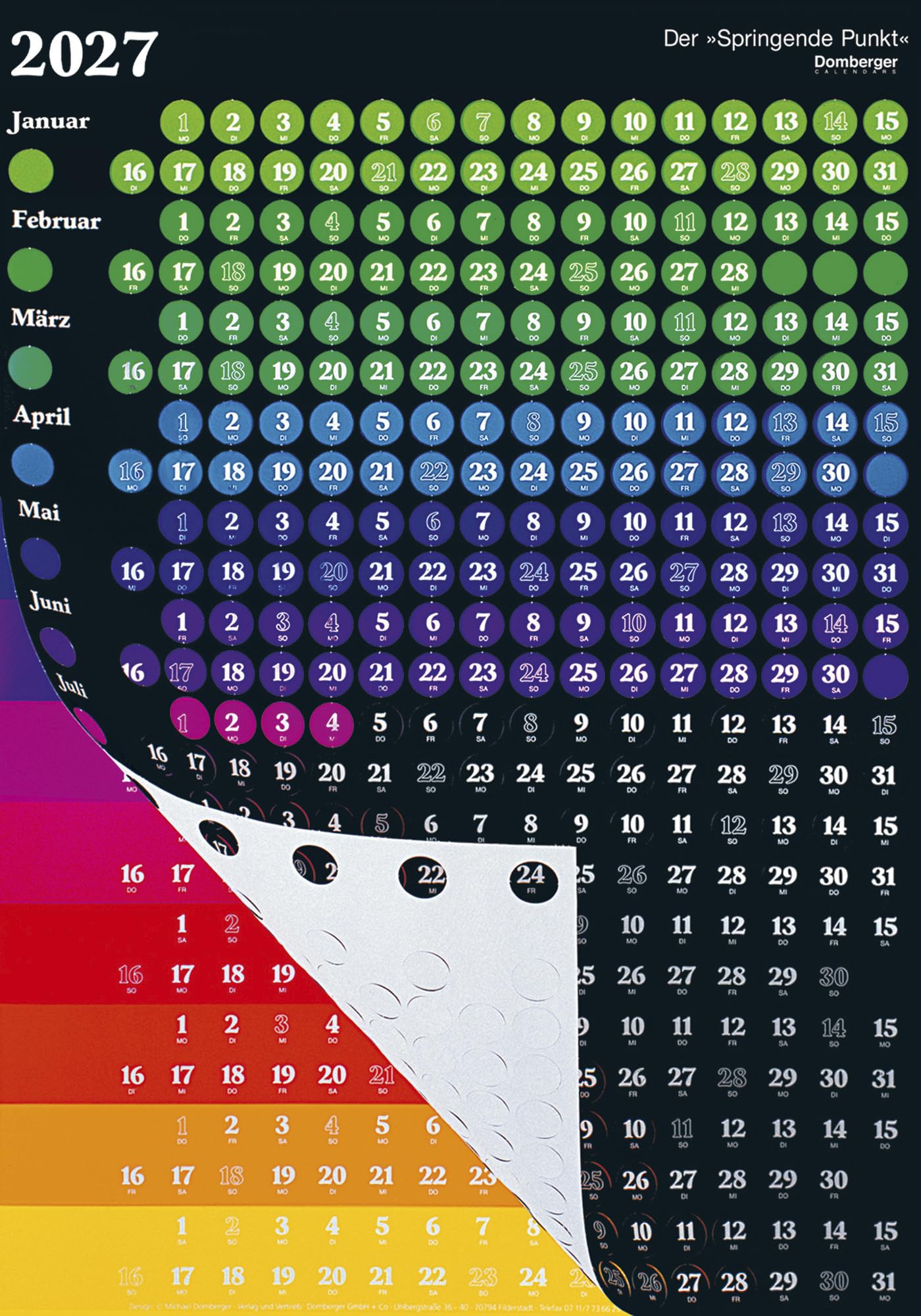 Der Springende Punkt schwarz 2027: Design-Wandkalender 58x81 cm von Michael Domberger mit 365 gestanzten Punkten und Farbwechsel