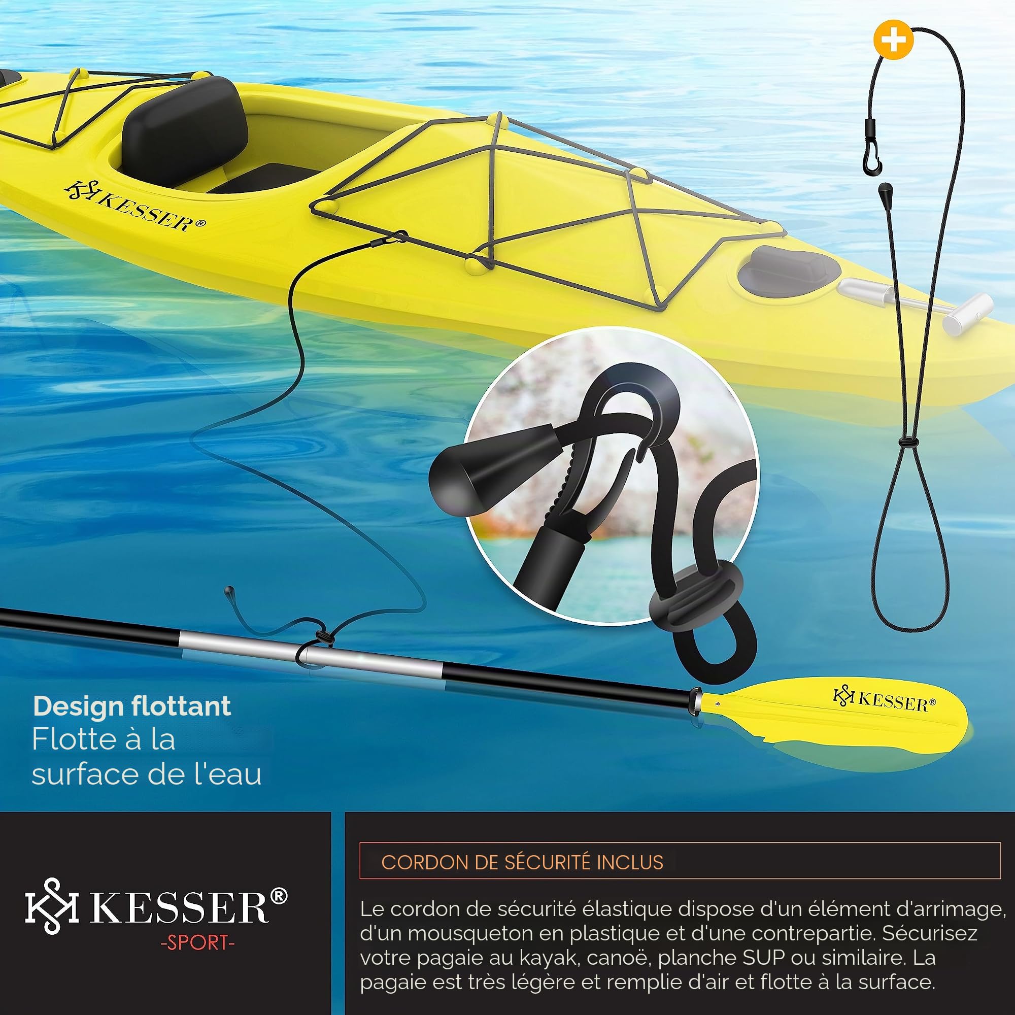 KESSER® Paddle Double pagaie – 4 pièces pour canoë, Kayak, Sup Stand-Up Paddle, Paddle, 228 cm, Aluminium Super léger pour canoë, Paddle, Kayak, Planche de Surf, Bateau
