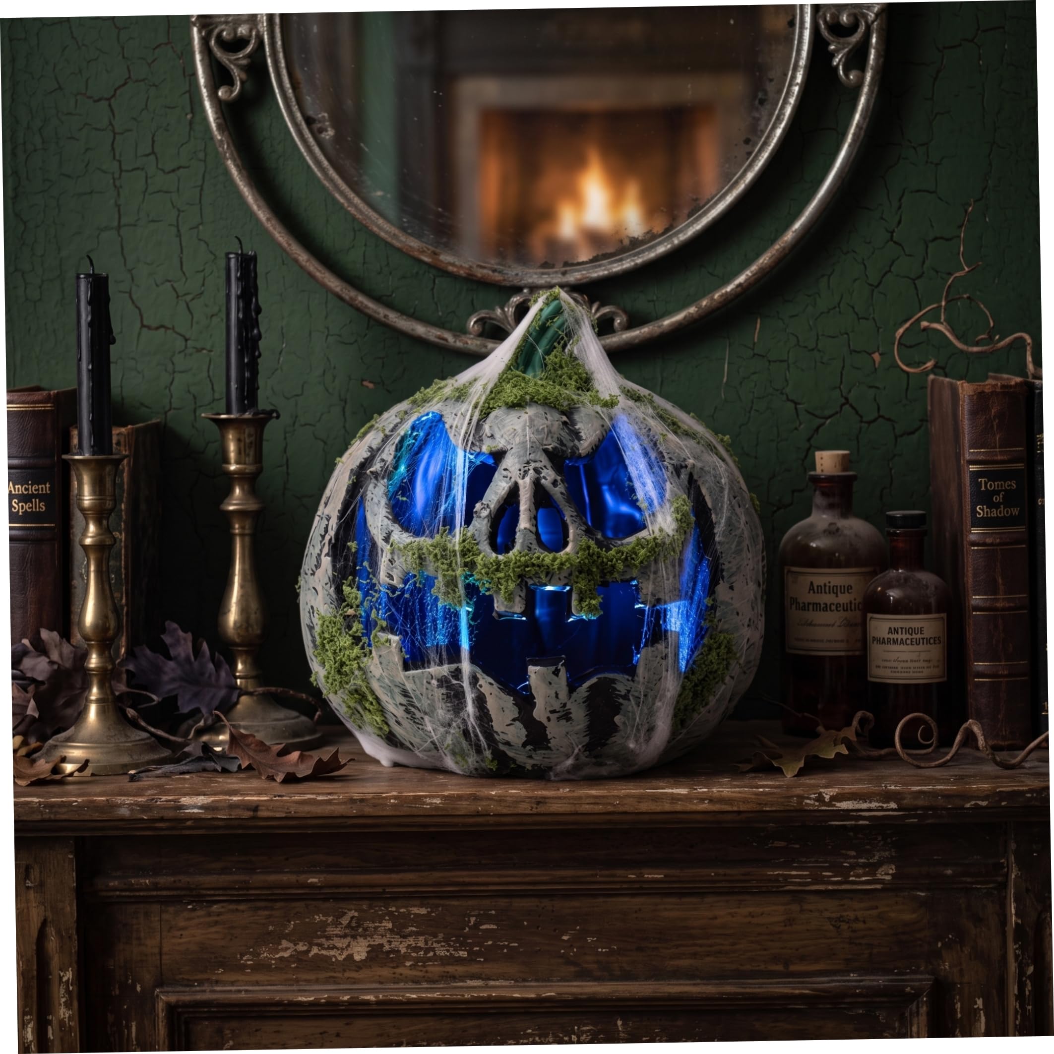 Decorazioni con zucche di Halloween, muschio illuminato e rete Jackolantern