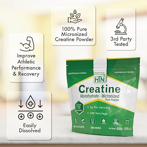 Miniatura 3 de Health Thru Nutrition Monohidrato de creatina en polvo micronizado  17.64 oz puro sin sabor  0.18 oz por cucharada  Apoyo al entrenamiento,