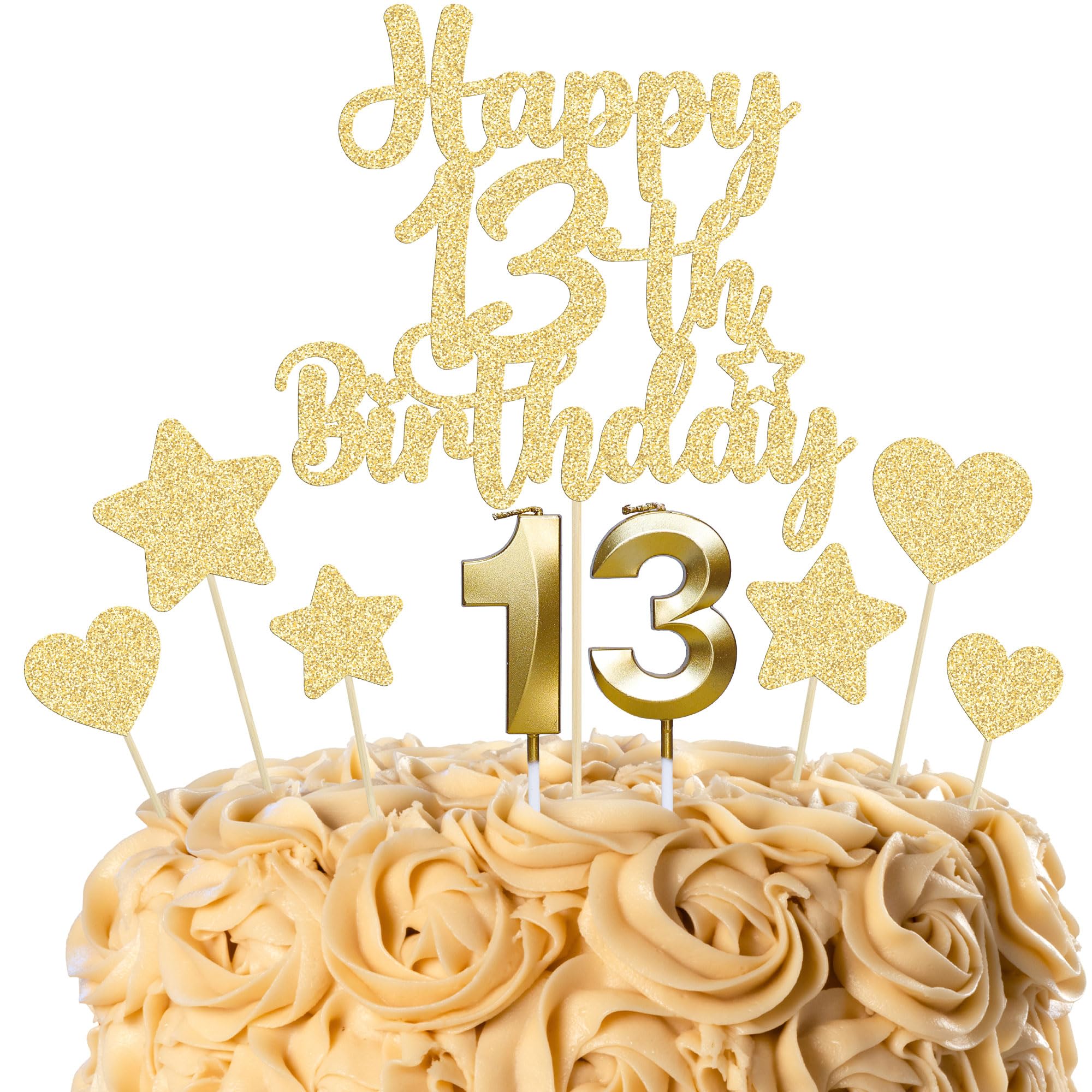 Gyufise 15Pcs Happy 13th Birthday Cake Topper Set with Heart Star Glitter Cheers to 13 Years Cake Picks Number 13 Candles Cake Decorations for Happy 13th Birthday Anniversary Party Supplies Gold