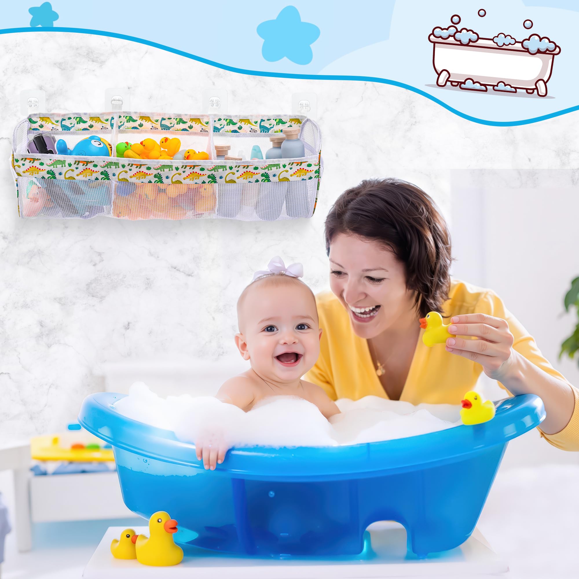 Organizador de almacenamiento de juguetes de baño de dinosaurios, soporte de juguetes de baño de 3 compartimentos para tinas con grandes aberturas, gran capacidad y malla de secado rápido, 4 7