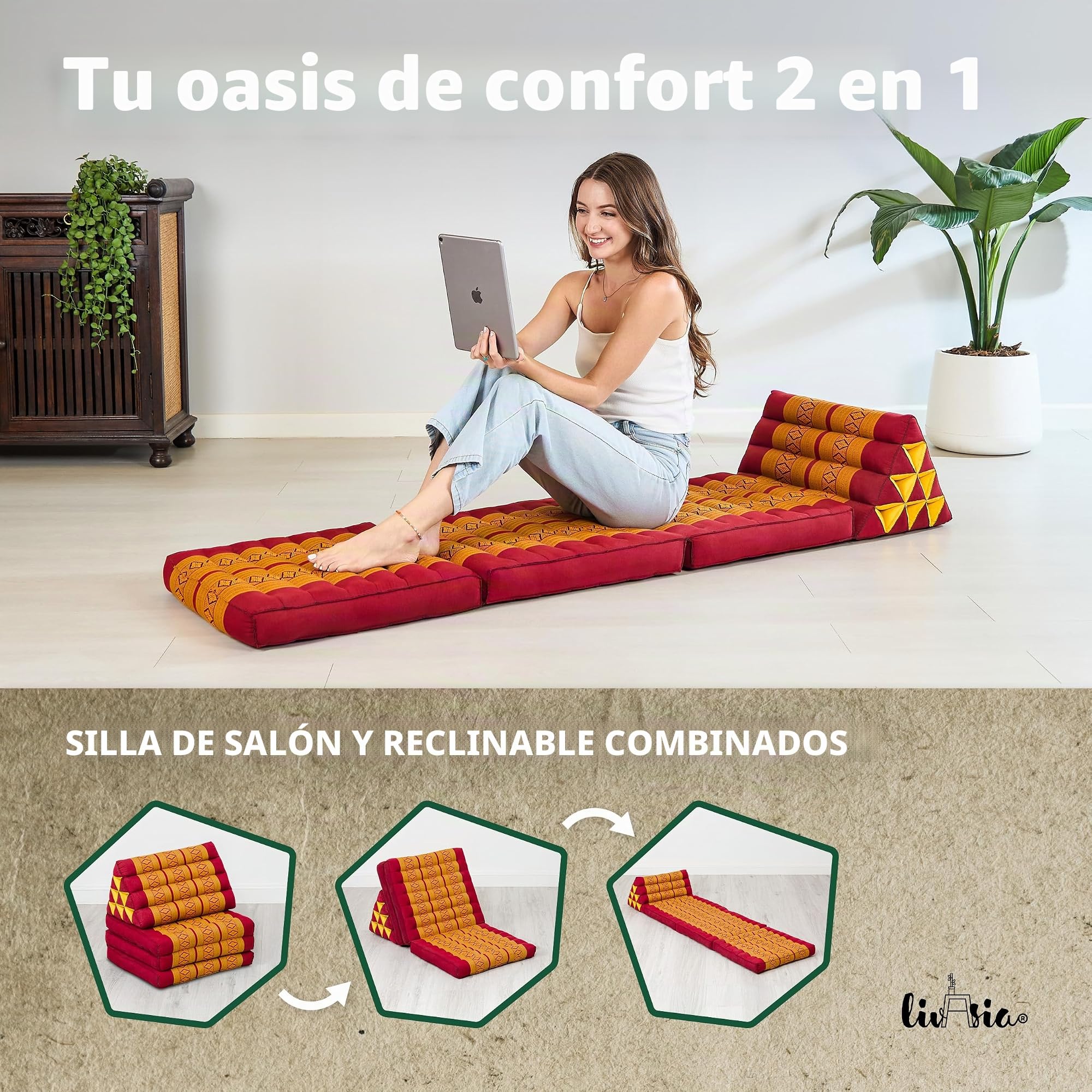 livasia cojín tailandés con 3 Inferiores - 175x50x8cm - Cojín Triangular y colchón Plegable, Almohada,kapok, Cojín Espalda, Esterilla Thai Plegable, Hecho a Mano, Cojín meditación (Rojo/Amarillo)