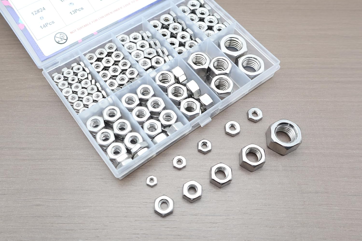165 Pack SAE Hex Nuts Assortment Kit, 4#40 6#32 8#32 10#24 10#32 12#24 1/4-20 5/16-18 3/8-16 1/2-13 304 (A2-70) Standard Inch Coarse Thread Hardware Nuts