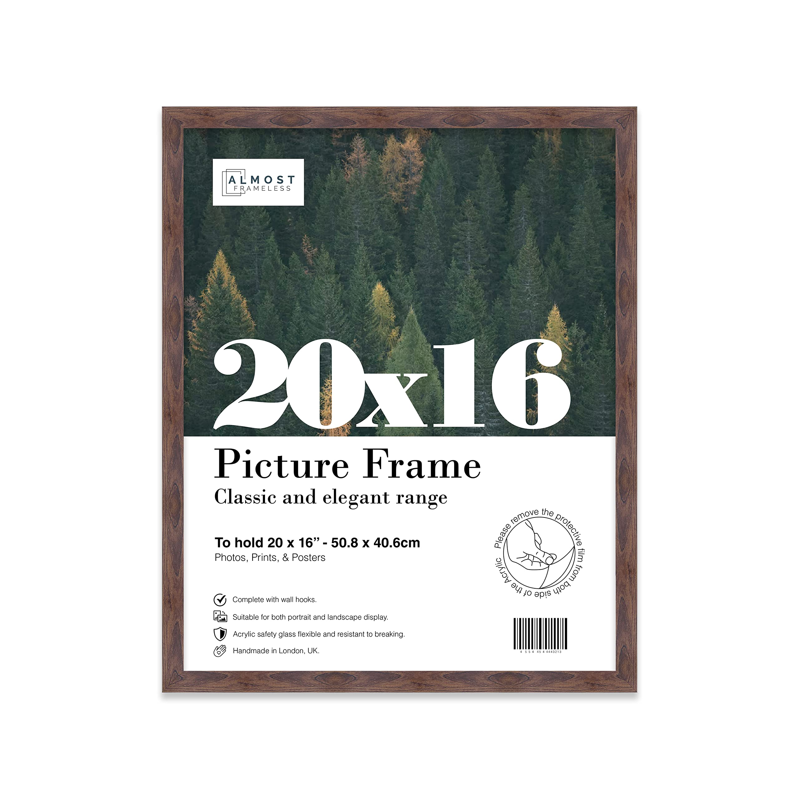 Almost Frameless 20x16 Walnut Picture Frame 20"x16"(50.8x40.6cm) Poster, Photo, Artwork, or Print. Thin Edge Slim Frame Portrait and Landscape Display with Wall Hooks