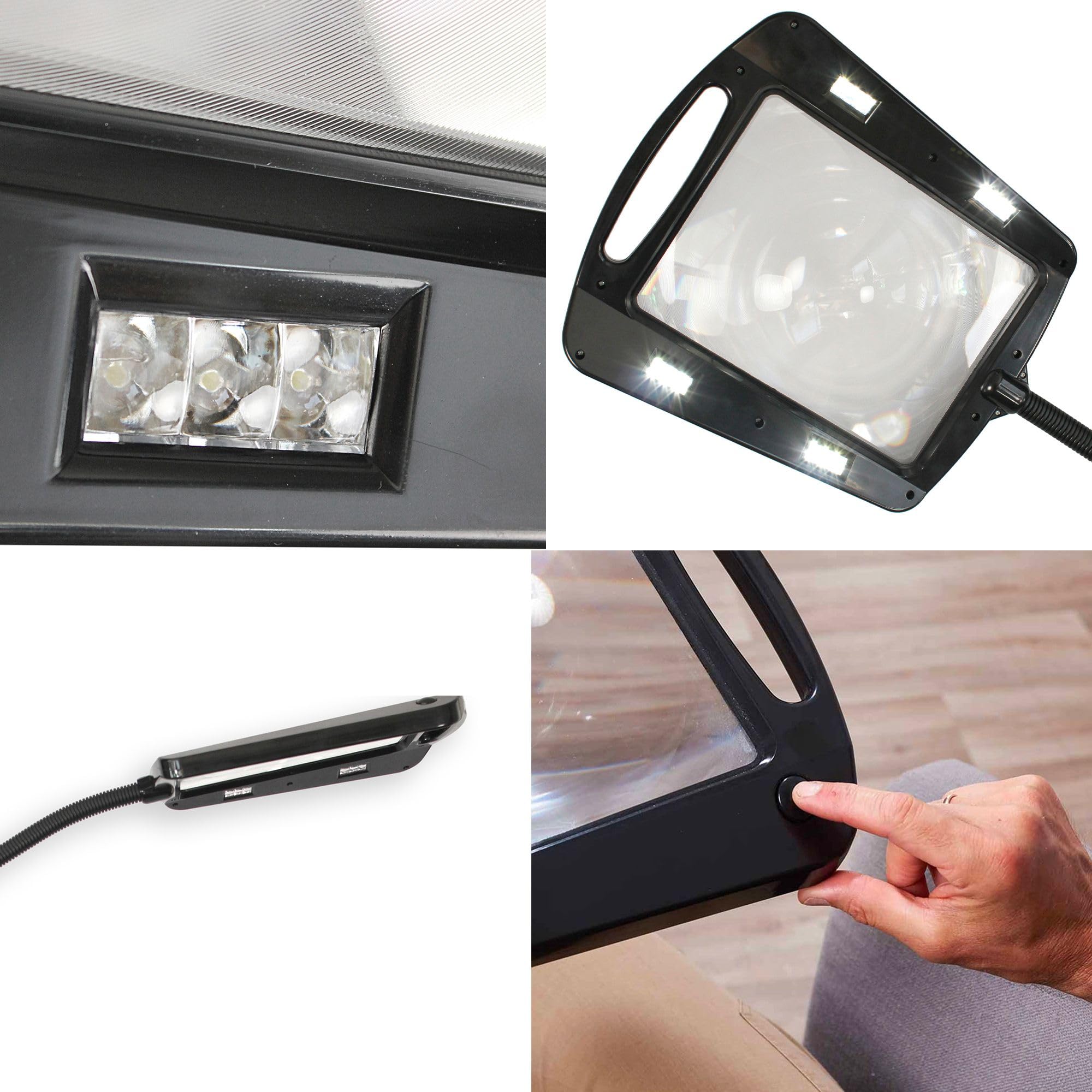 FISHTEC - Lampa powiększająca Maxi 12 diod LED do montażu - 5 x powiększenie, obrotowe, do czytania, majsterkowania, szycia, haftu i innych precyzyjnych czynności - elastyczna wysokość 100 cm, czarna