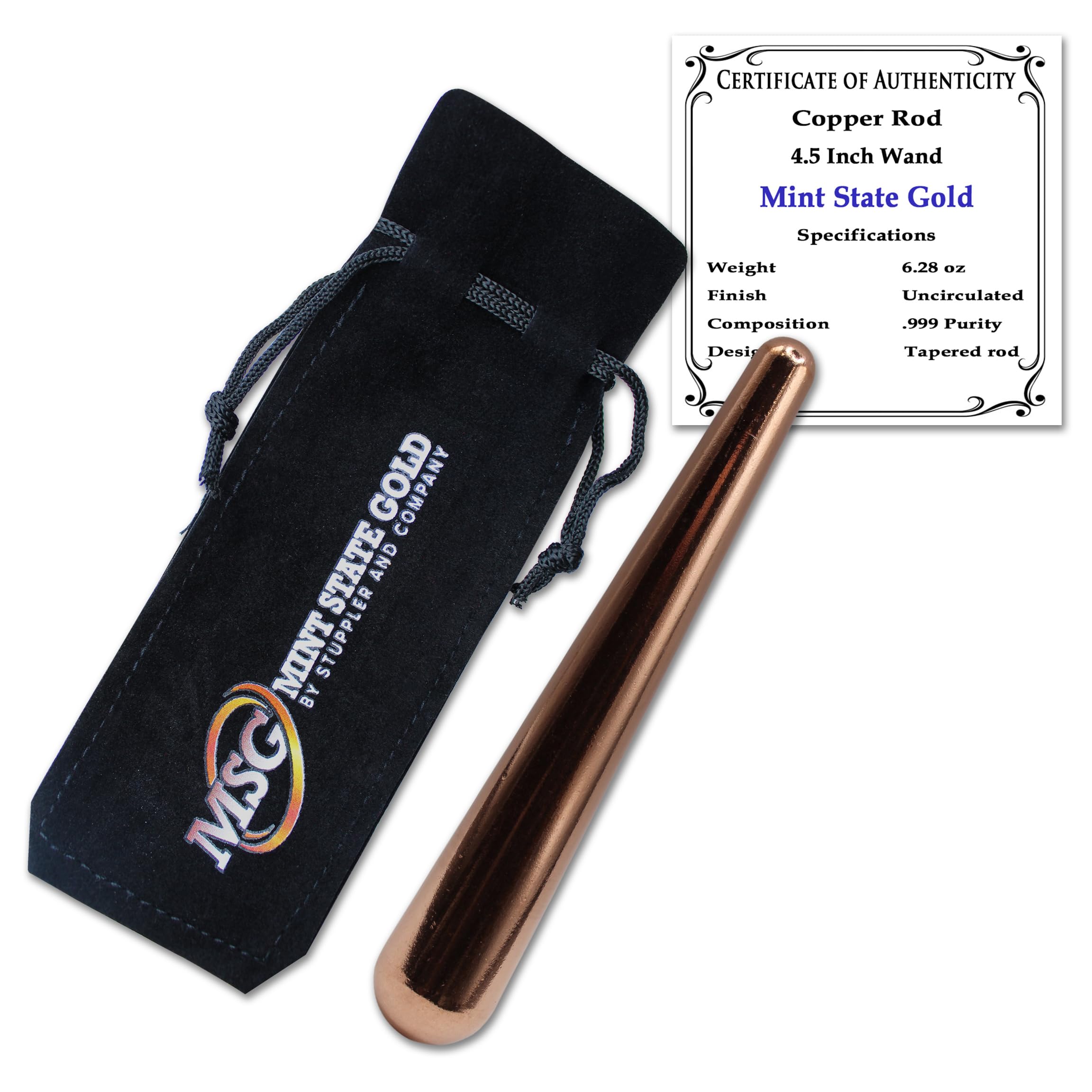 4.5" Tapered Copper Rod - 99.9% Pure Solid - Massage Wand with Certificate of Authenticity and Velvet Jewelry Bag
