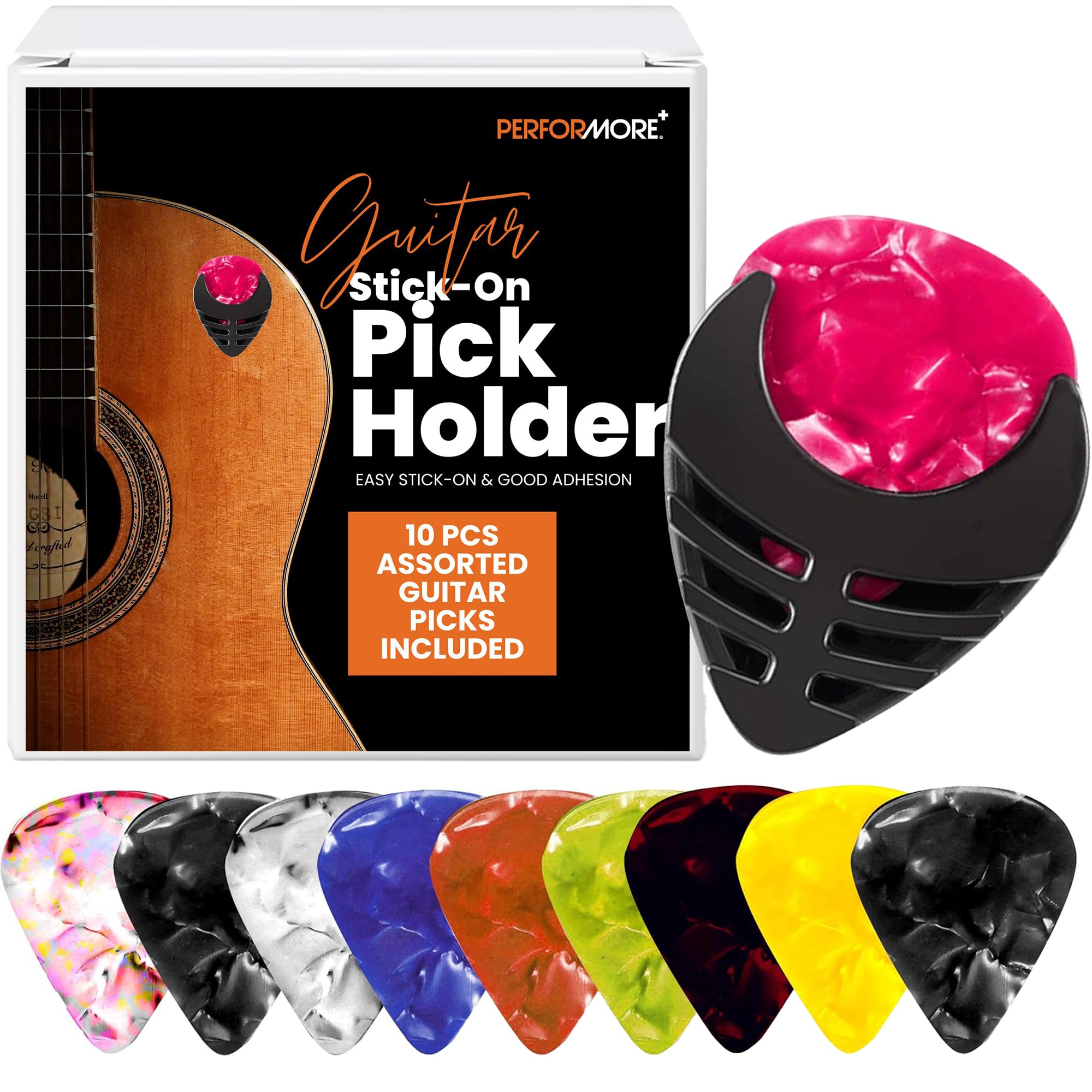 Performore 10 Pcs of Guitar Picks with 1-pc Guitar Random Color Holder for Acoustic Electric Guitar Bass Ukulele, Multicolor Picks for Every Guitarist with Stick-on Holder Adhesive Back