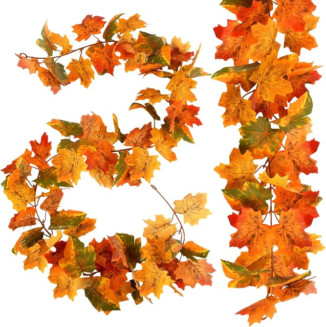 SULOLI Artificial Maple Leaves Garland 2Pcs Fall Autumn Hanging Plant for Home Garden Wall Doorway Backdrop Fireplace Decoration Wedding Party Thanksgiving Day Decor