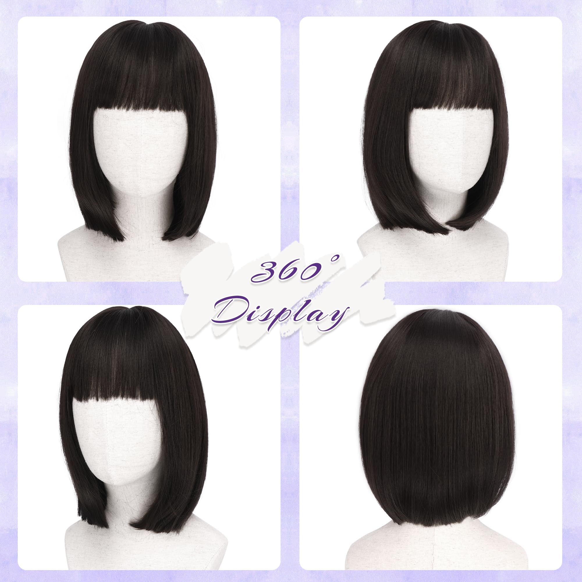 FESHFEN Schwarz Braun Kurze Bob Perücken mit Pony, 28 cm Gerade Black Brown Wig für Karneval Synthetische Bunt Cosplay Haar Tägliche Party Neon Perücke für Frauen Kostümparty