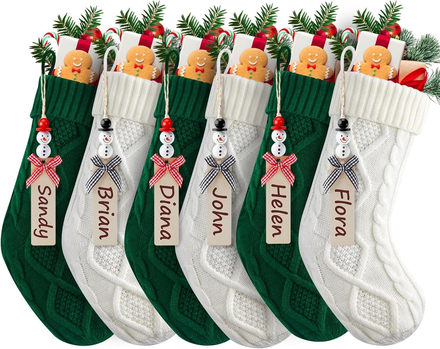 Minetom Personalized Christmas Stockings - 18” Large Knitted Xmas Stocking with DIY Snowman Wooden Name Tag, 6 Pack Hanging Family Stockings for Kids Mantels Christmas Holiday Decor, Red Green White