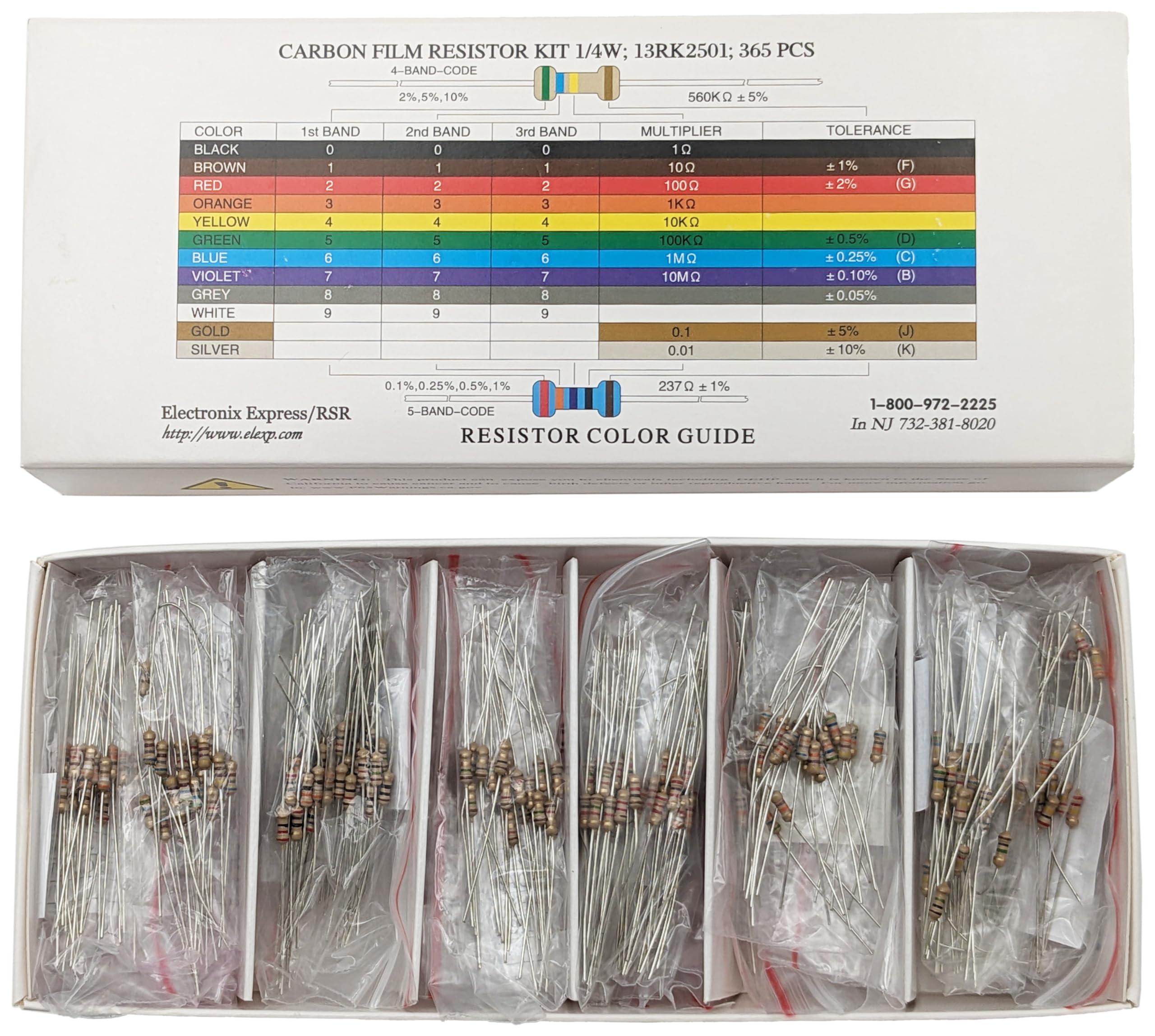 EX ELECTRONIX EXPRESS 365 Piece 1/4 Watt Resistor Kit with Color Guide and Reference Guide on Cardboard Storage Box - Wide Variety of Values