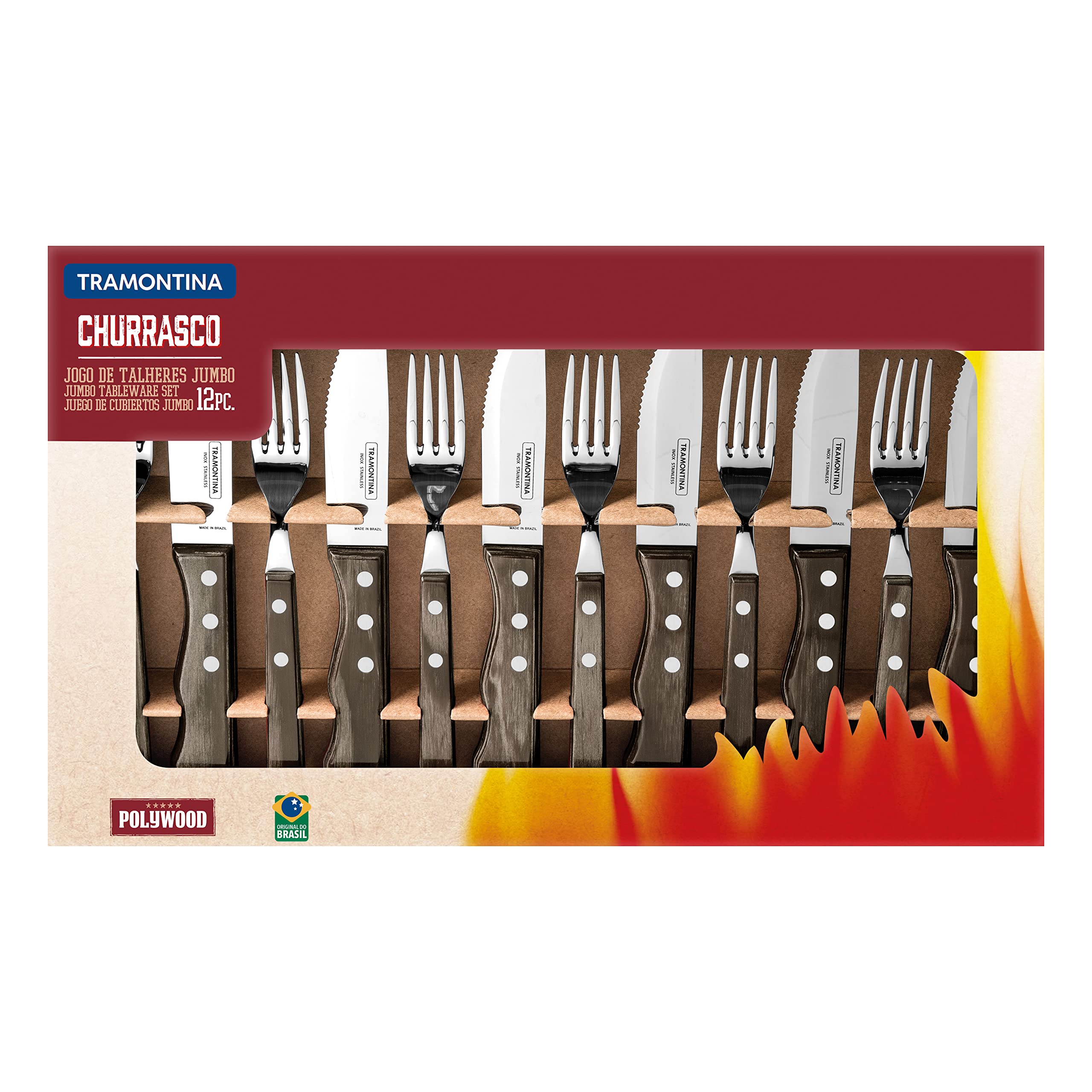 Tramontina Cubiertos Jumbo para Carne Acero Inoxidable Polywood 12 Piezas | Color Castaño, con Mango de Madera Tratada