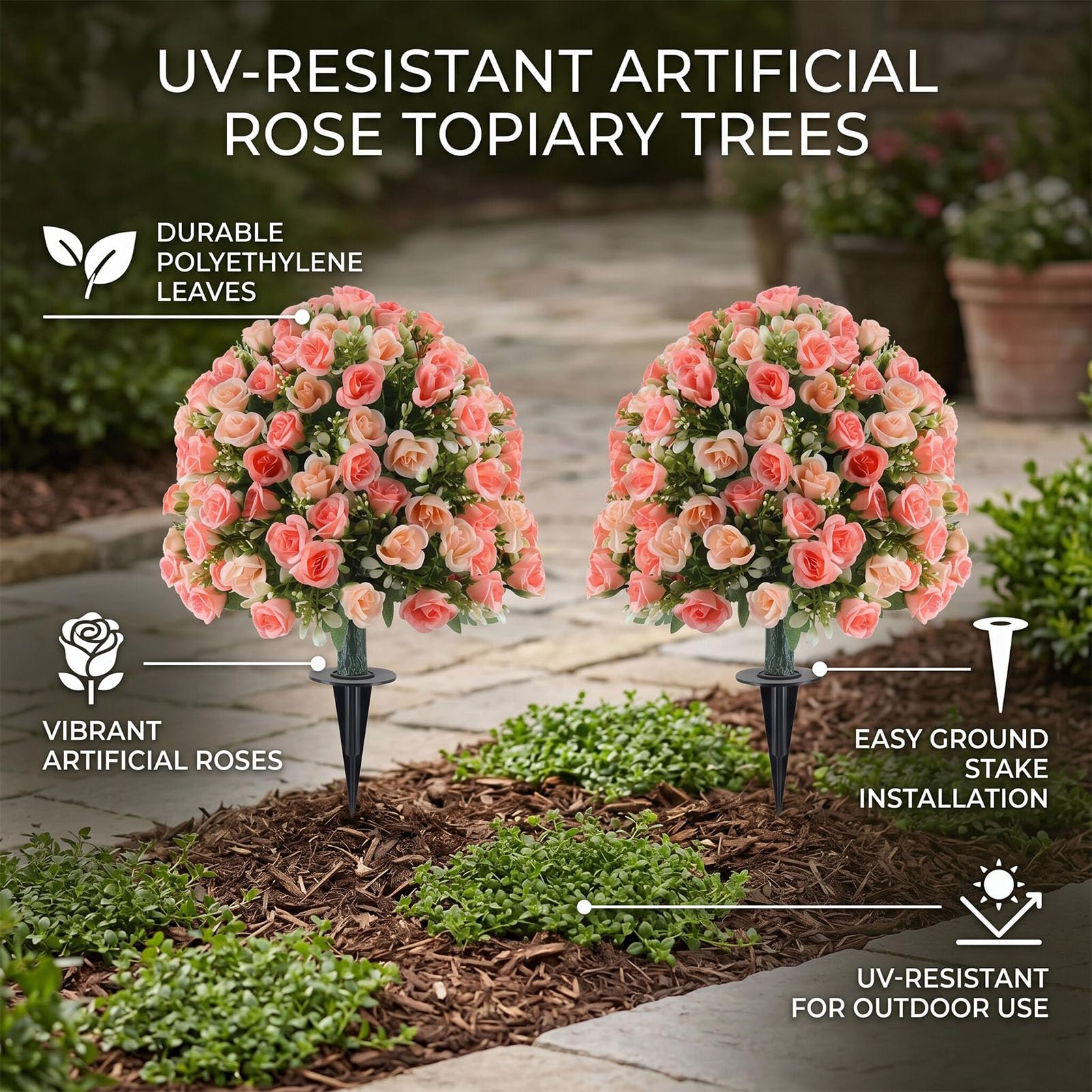 2 Pezzi di Rosa Artificiale con Alberi di Palla di Fiori Realistici con Picchetto per la Decorazione del Patio del Giardino 14 X 24 Pollici (Mini paletto rosa)