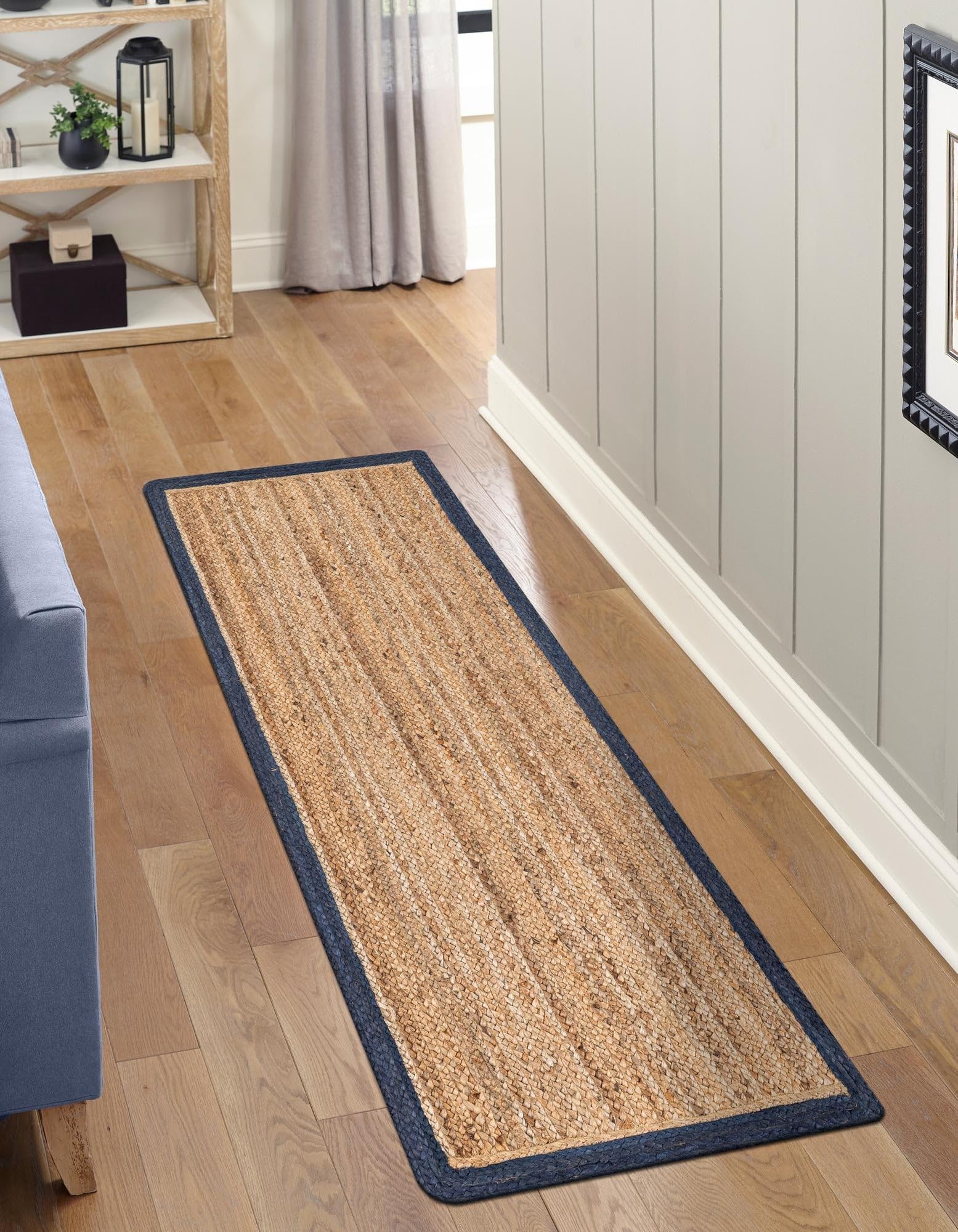 DANGAYACH ART Indian Handmade Braided Navy Blue Border with Inner Natural Jute Area Rug, Bedroom, Indoor Jute Rug Size- 2.6 x 16 Feet (78 cm x 480 cm)