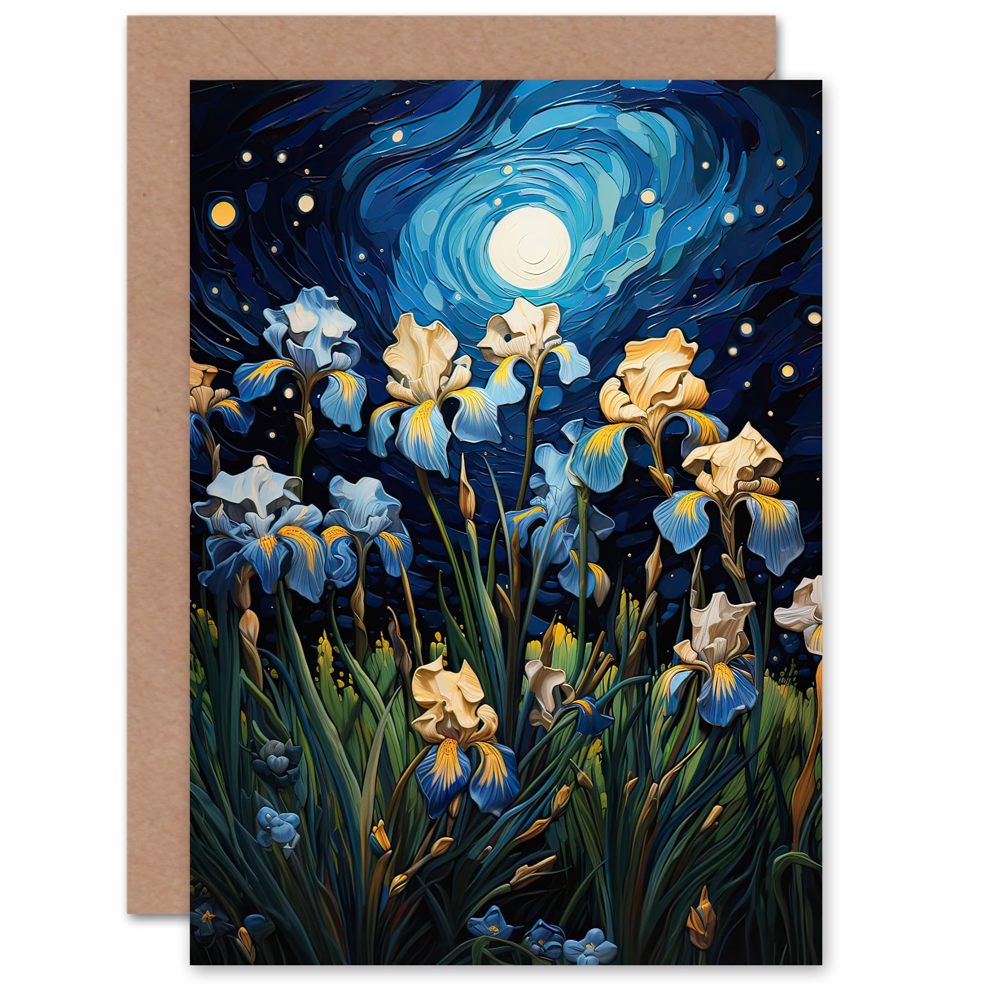 Artery8 Ethereal Irises at Full Moon Moonlit Flowers for Wife Her Mum Sister Daughter Mom Gran Nan Birthday Thank You Get Well Soon Blank Art Greeting Card