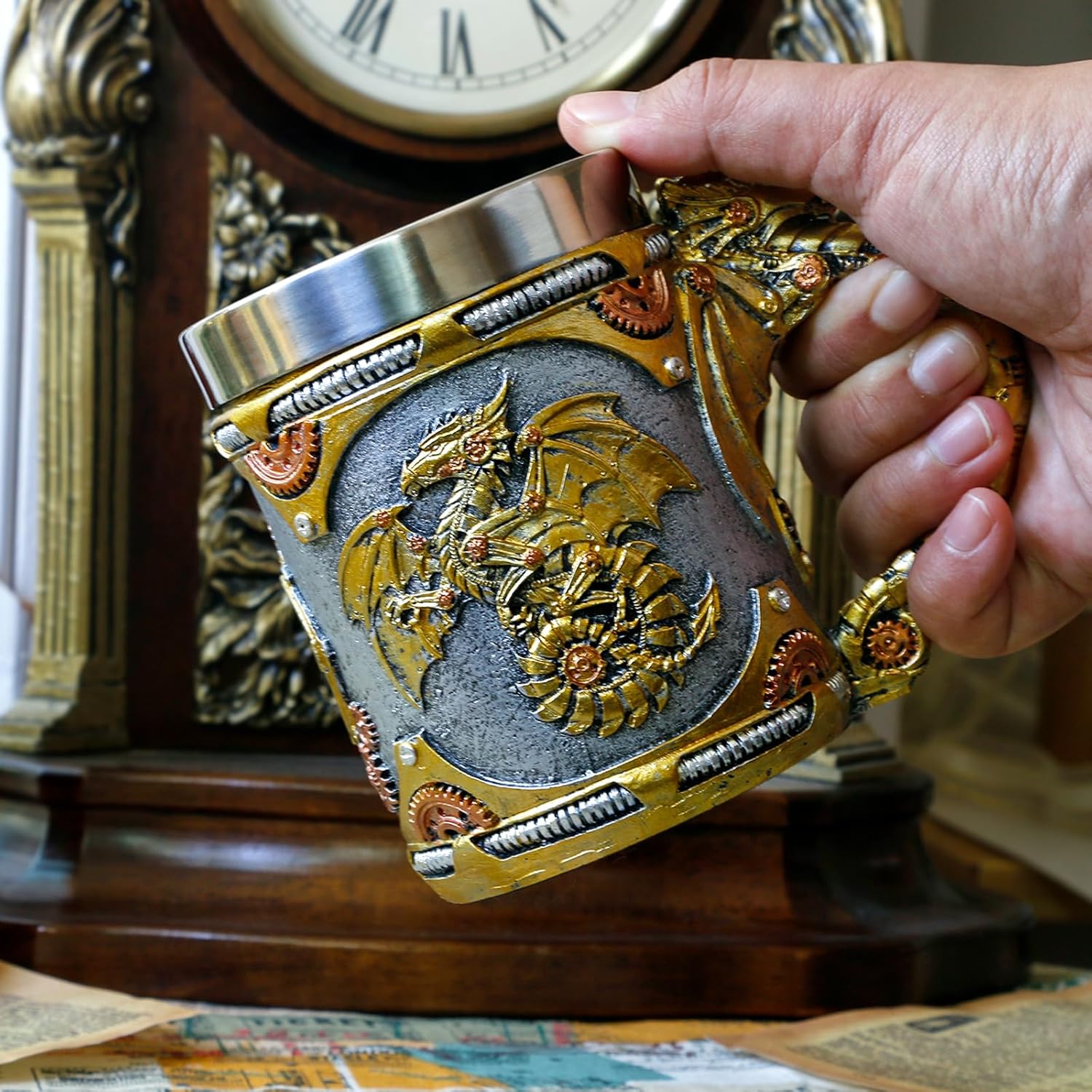alikiki Medieval Steampunk Dragon Mug - 15.8oz Renaissance Mechanical Dragons Beer Stein Tankard Stainless Coffee Cup Father Day Gift Mug for Dragon Collector Lovers Themed Party Decoration - Image 4